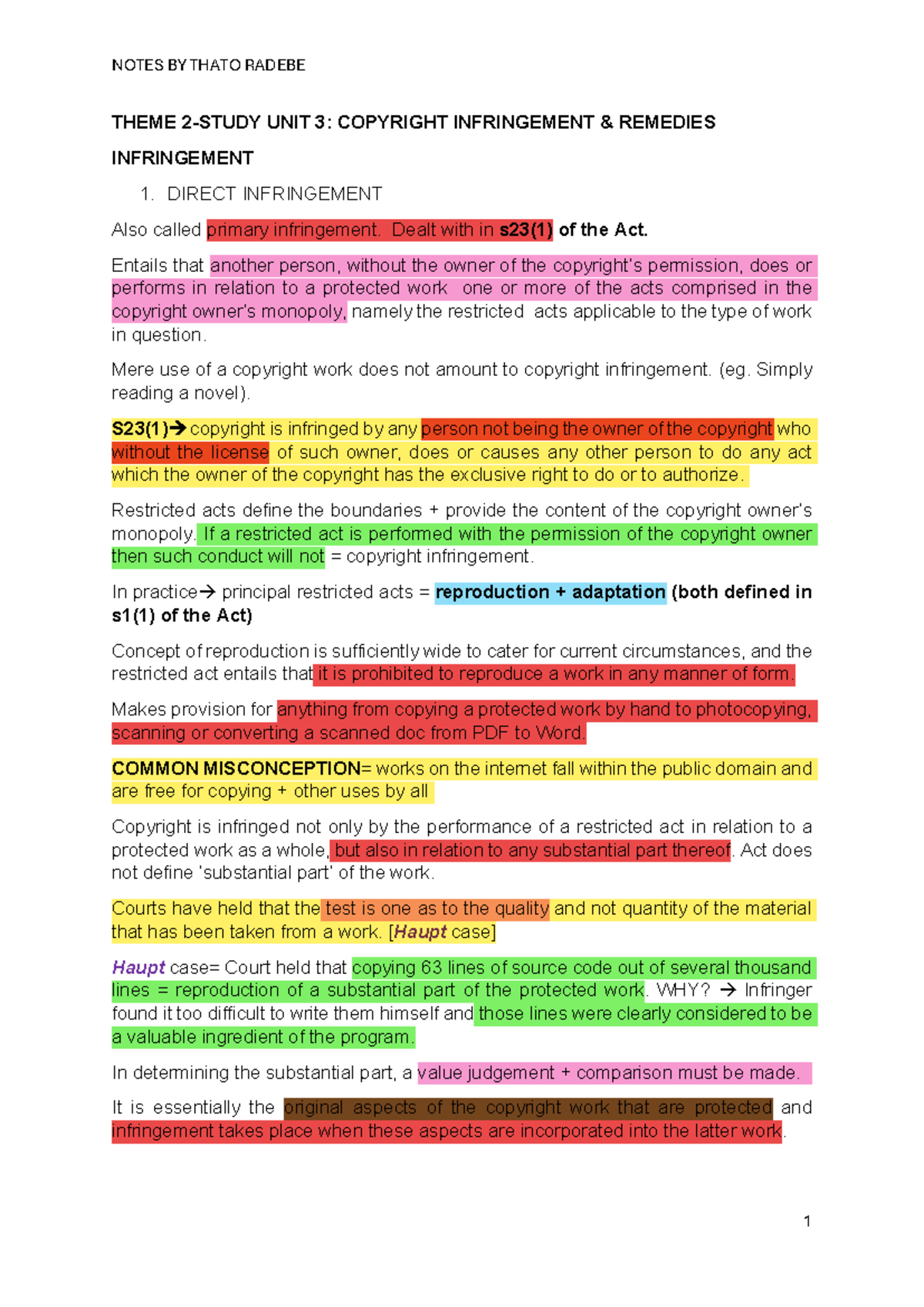 IGZ320 T2P2: Copyright Infringement Remedies - Detailed Notes by Thato ...