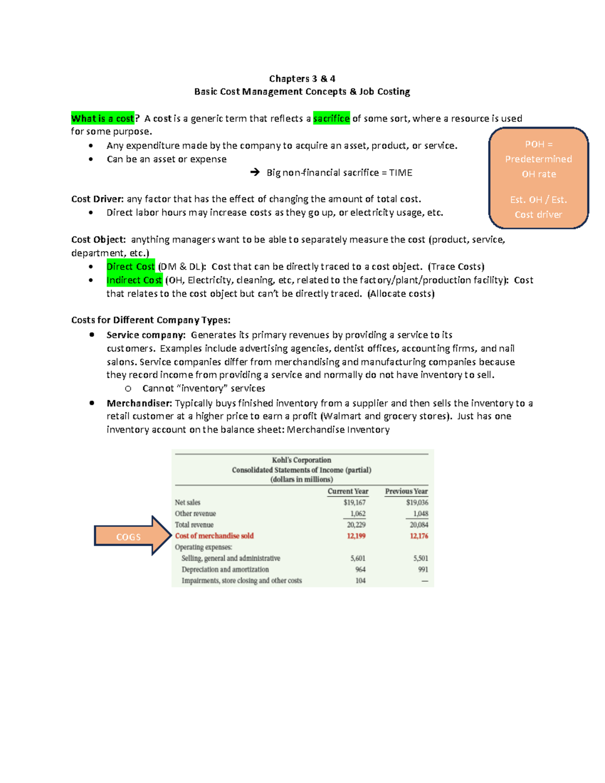 Chapters 3 & 4 Notes: Basic Cost Management Concepts & Job Costing ...