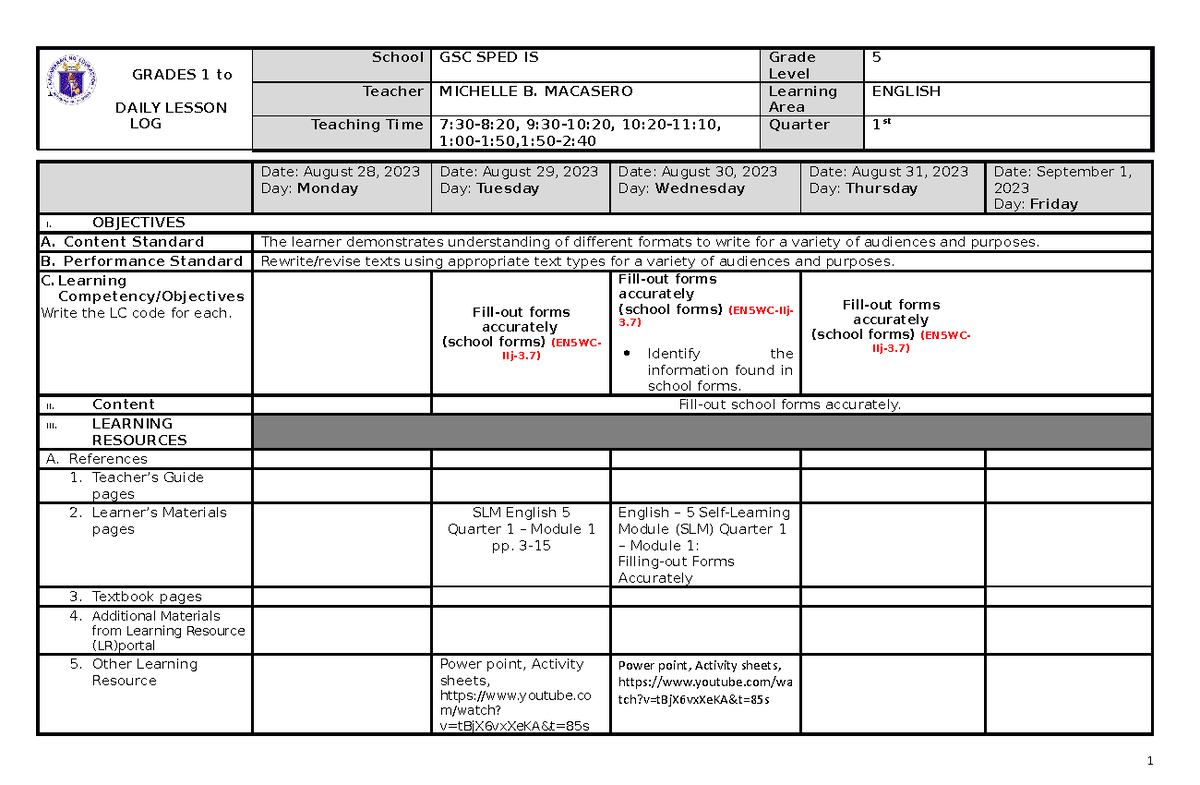 Week 1 - DLL - GRADES 1 to 12 DAILY LESSON LOG School GSC SPED IS Grade ...
