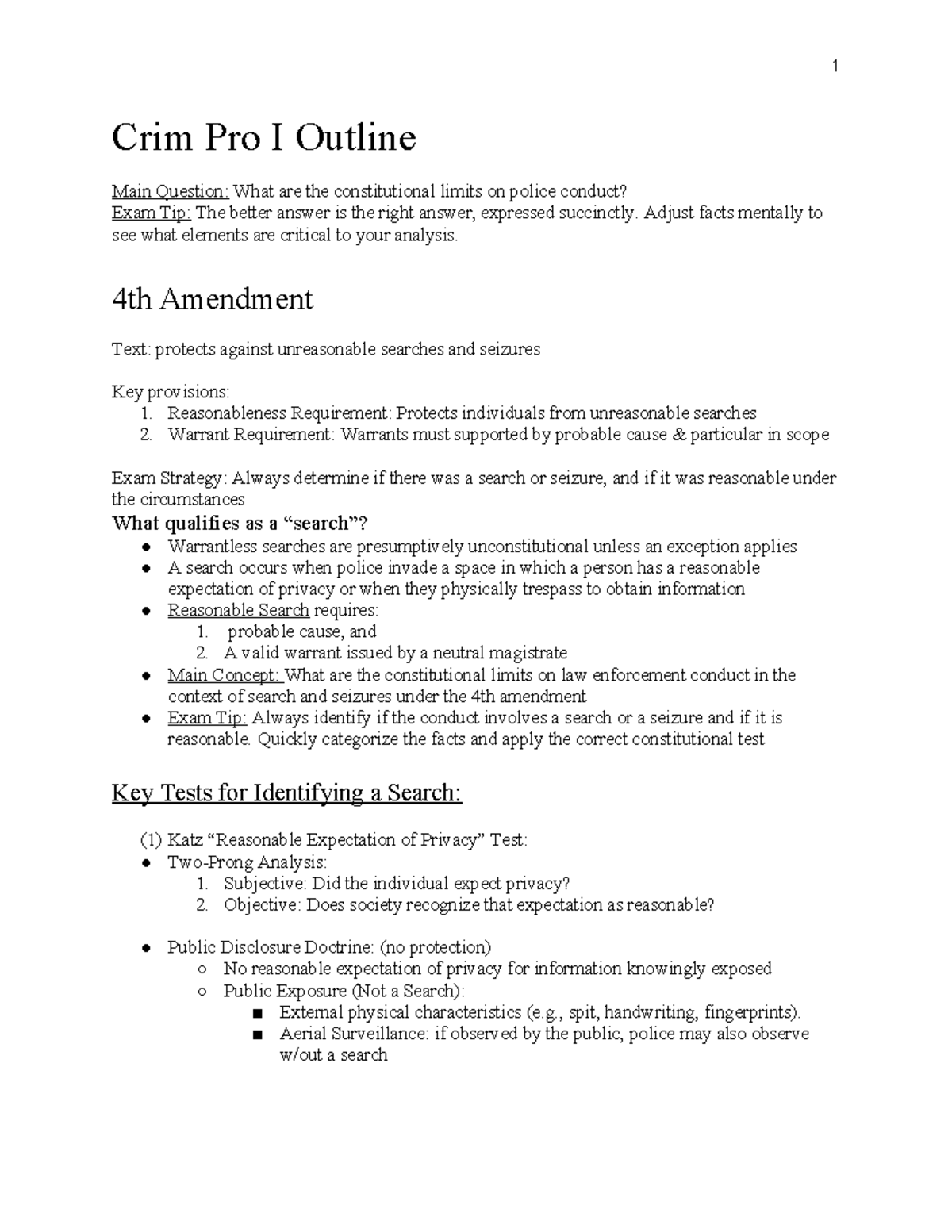 Crim Pro Outline - Crim Pro I Outline Main Question: What are the ...