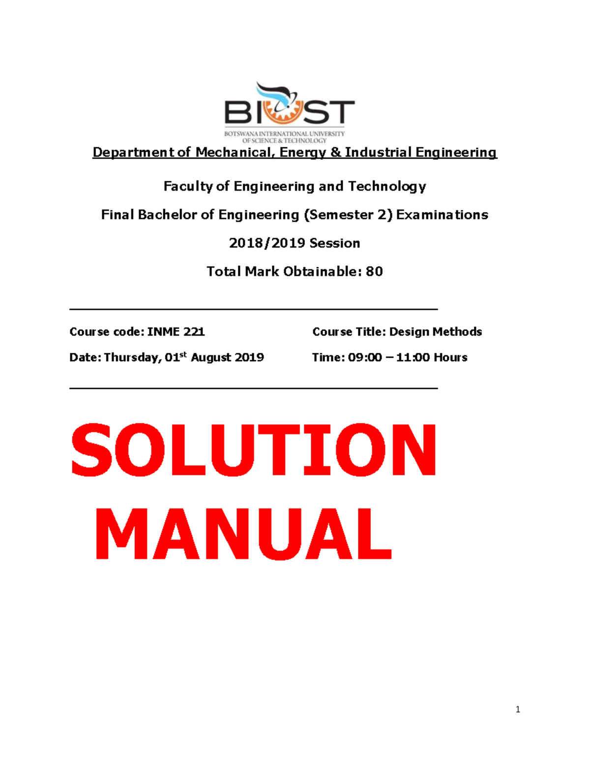 Final Exam Solutions for INME 221: Design Methods - 2018/2019 - Studocu