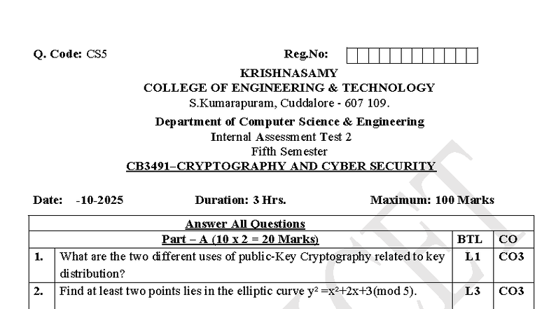 CS5 IAT 2 Question Paper - Cyber Security & Cryptography - Studocu