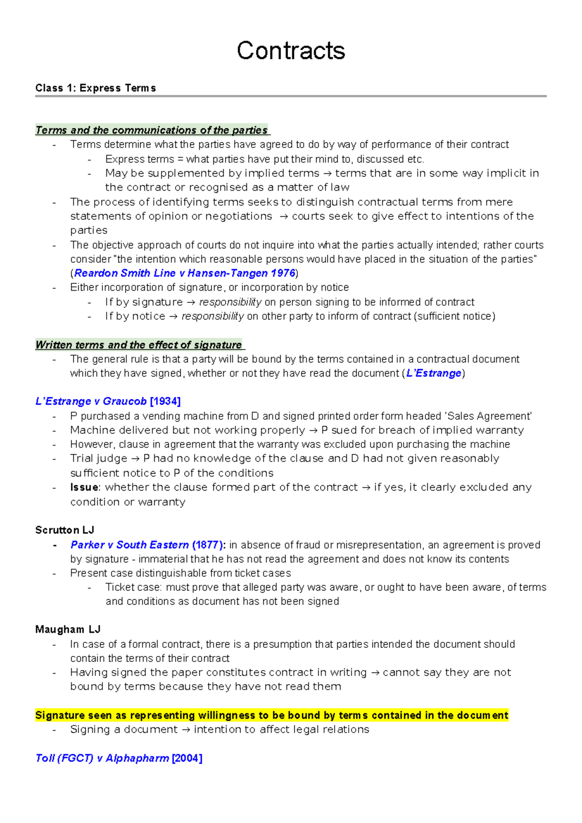 Contracts: Express Terms and the Effect of Signature in Law - Studocu