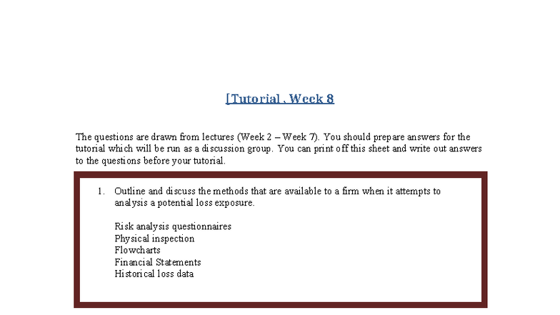 IN4003 Tutorial Week 8: Risk Analysis and Management Questions - Studocu