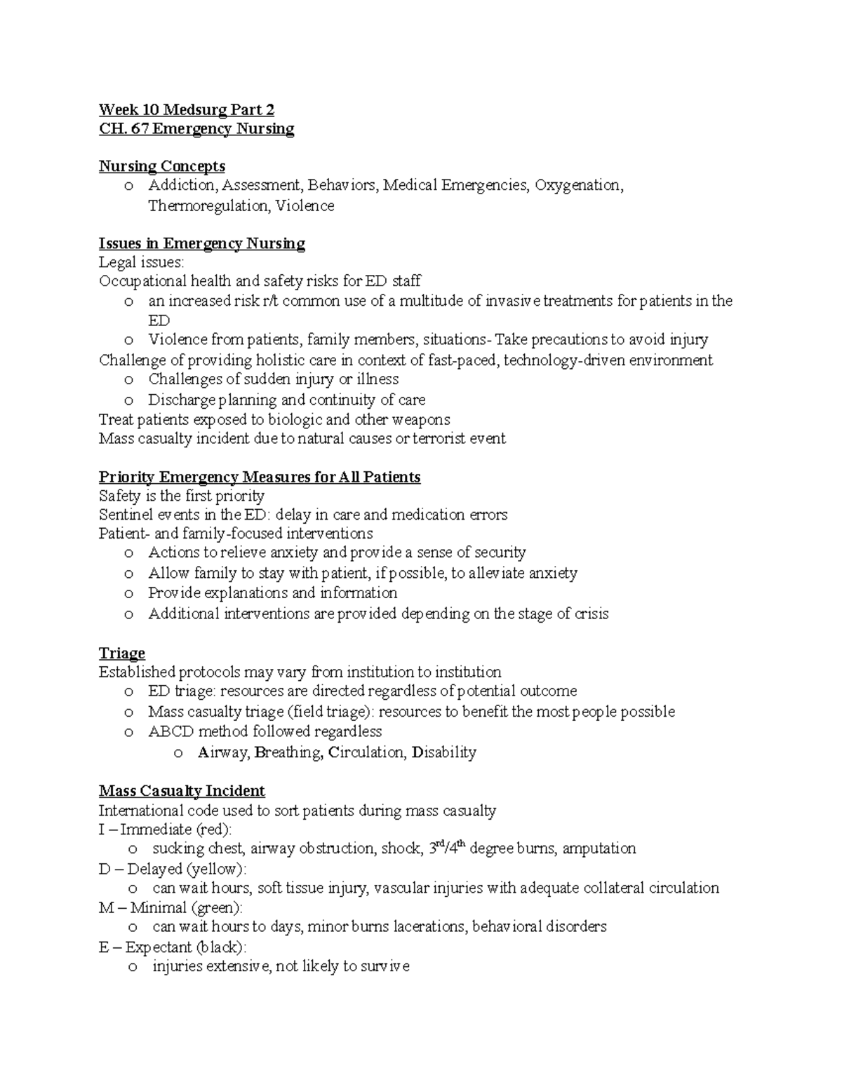 Week 10 Medsurg II: Emergency Nursing Concepts & Issues - Studocu