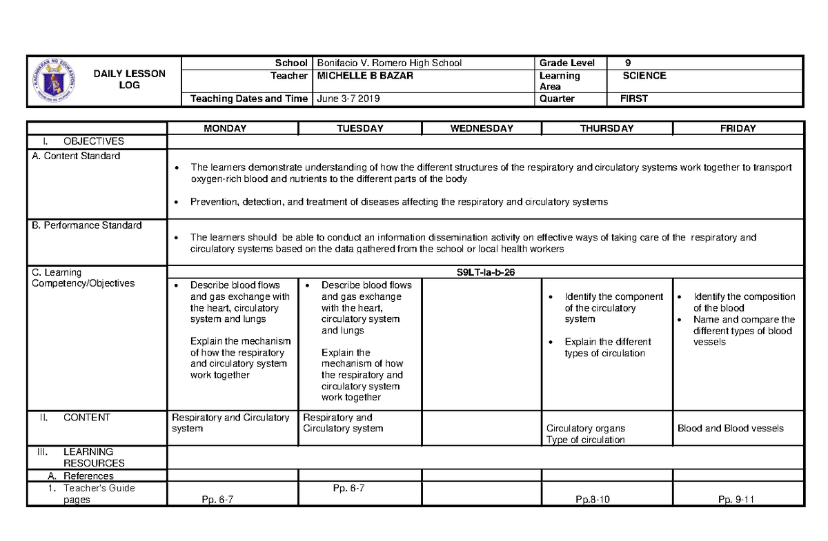 Daily Lesson Log for Grade 9 Science: Respiratory & Circulatory Systems ...