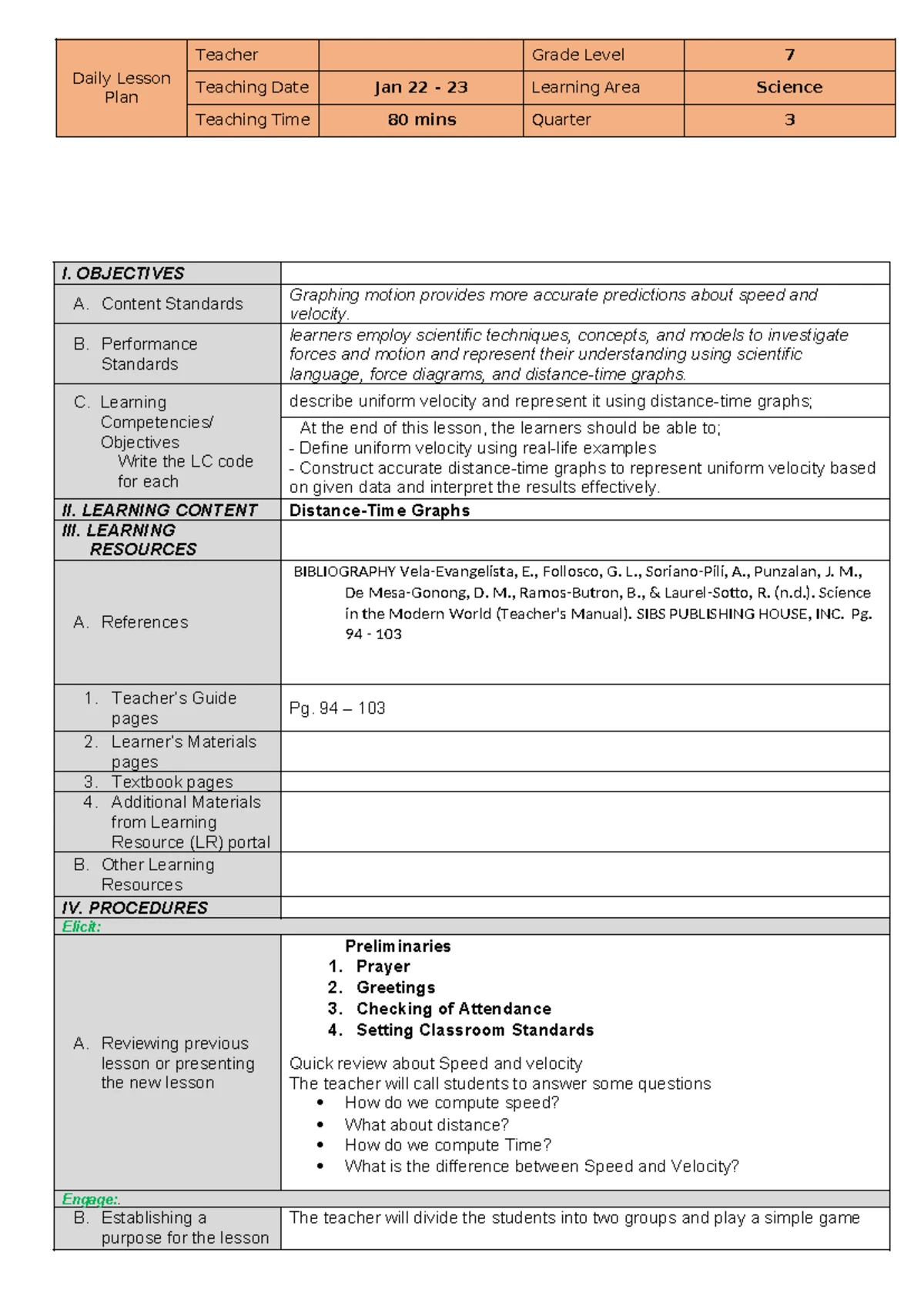 Grade 7 Science Lesson Plan: Distance vs. Displacement - 3rd Quarter ...