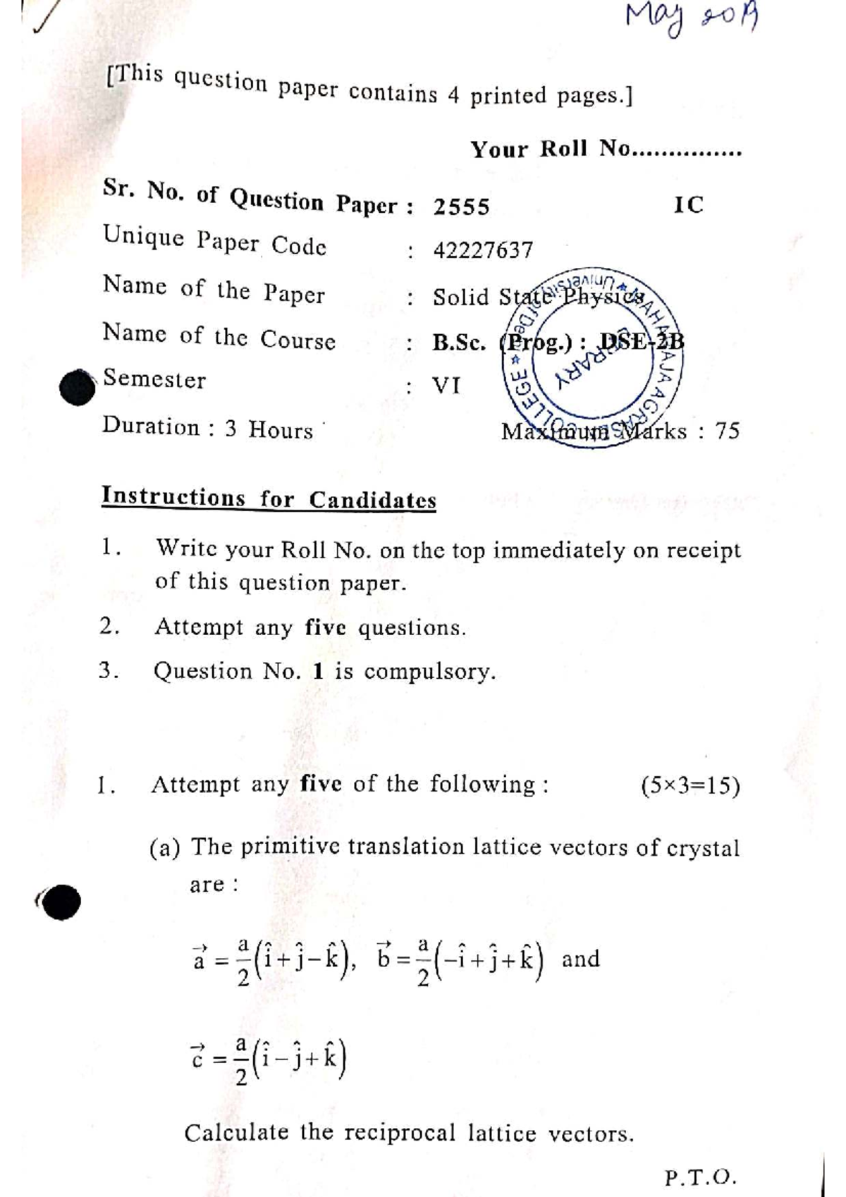 B.Sc. VI D Solid State Physics May 2019 Question Paper (250526) - Studocu