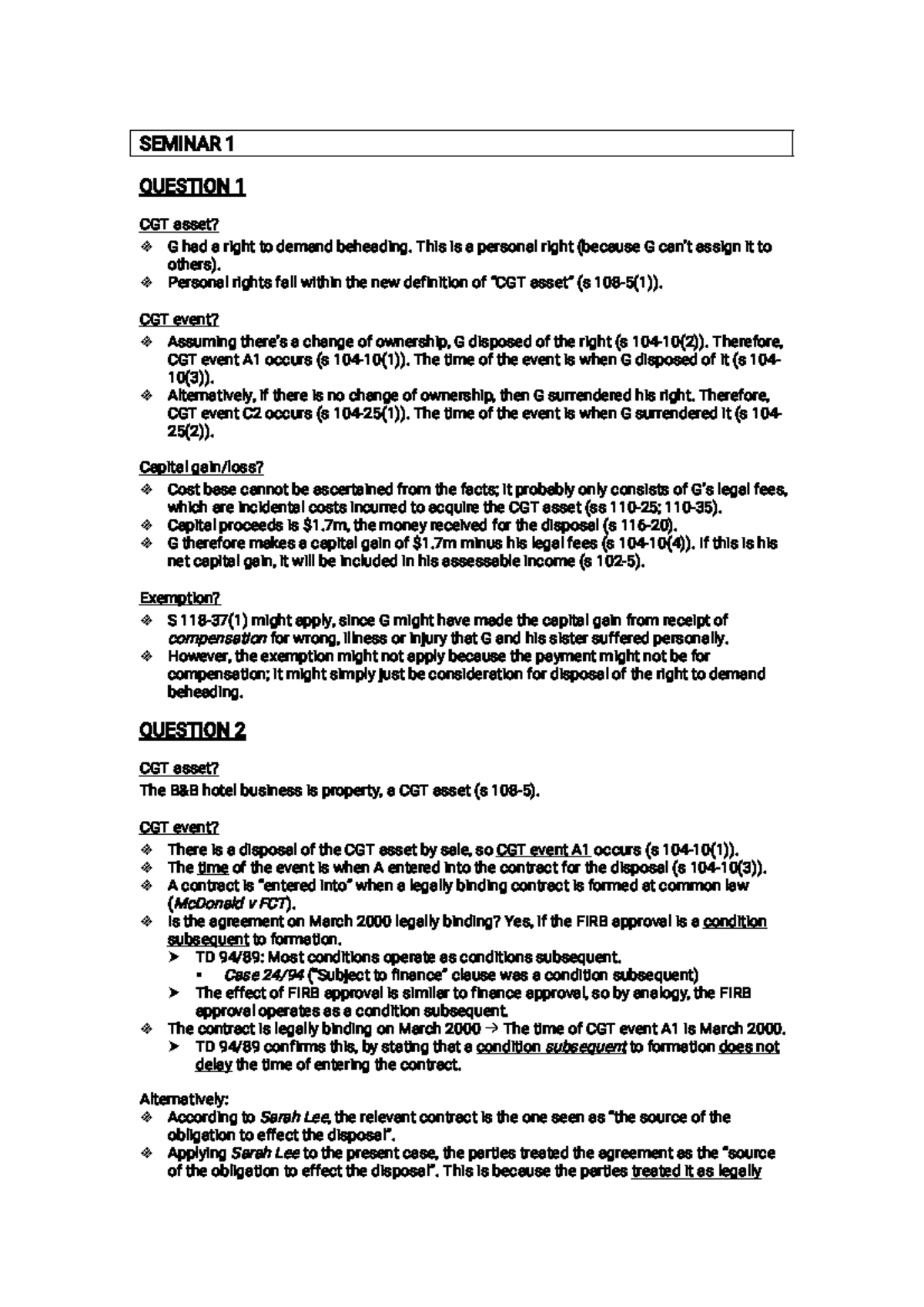 SEMINAR 1 CGT ASSET ANALYSIS AND CAPITAL GAIN CALCULATIONS - Studocu