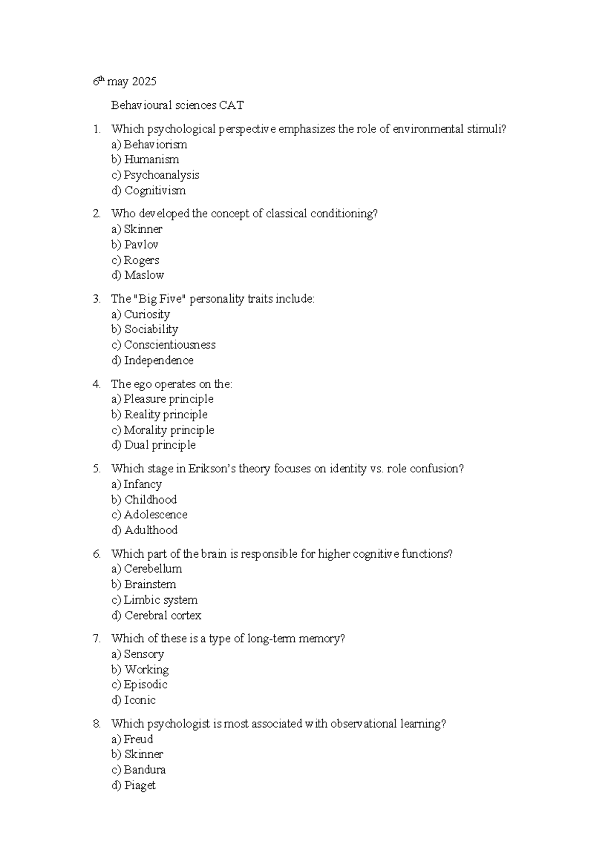 Behavioural Sciences CAT 1: Key Concepts and Questions (6 May 2025 ...