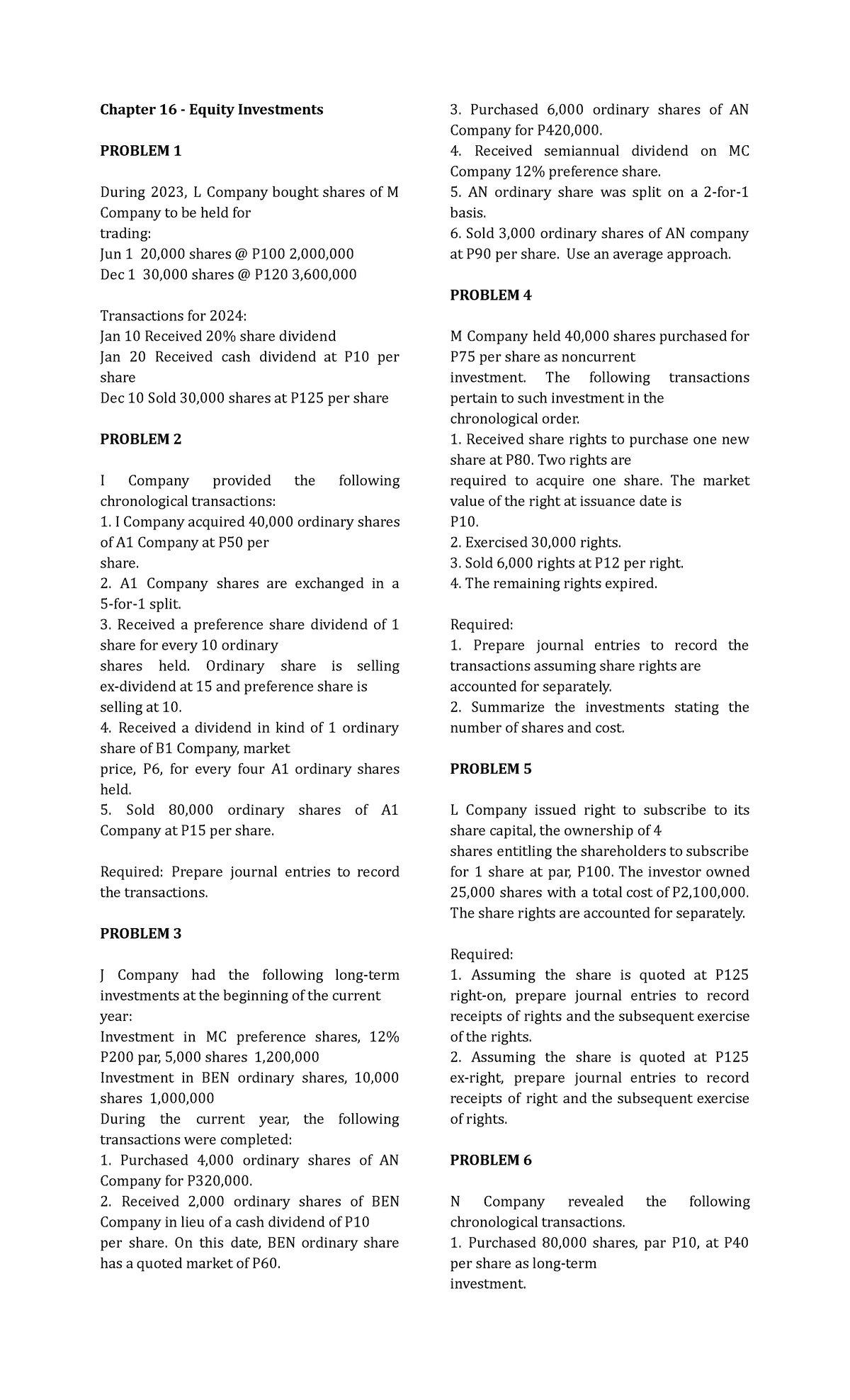 Chapter 16: Equity Investments - Comprehensive Review and Problems ...