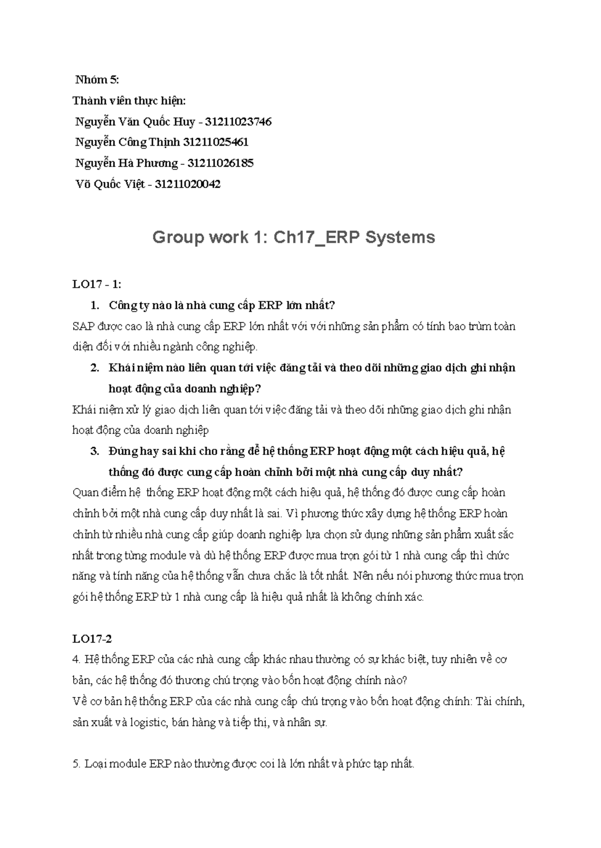 Ch17 - ERP Systems Group Work 1 Summary and Insights - Studocu
