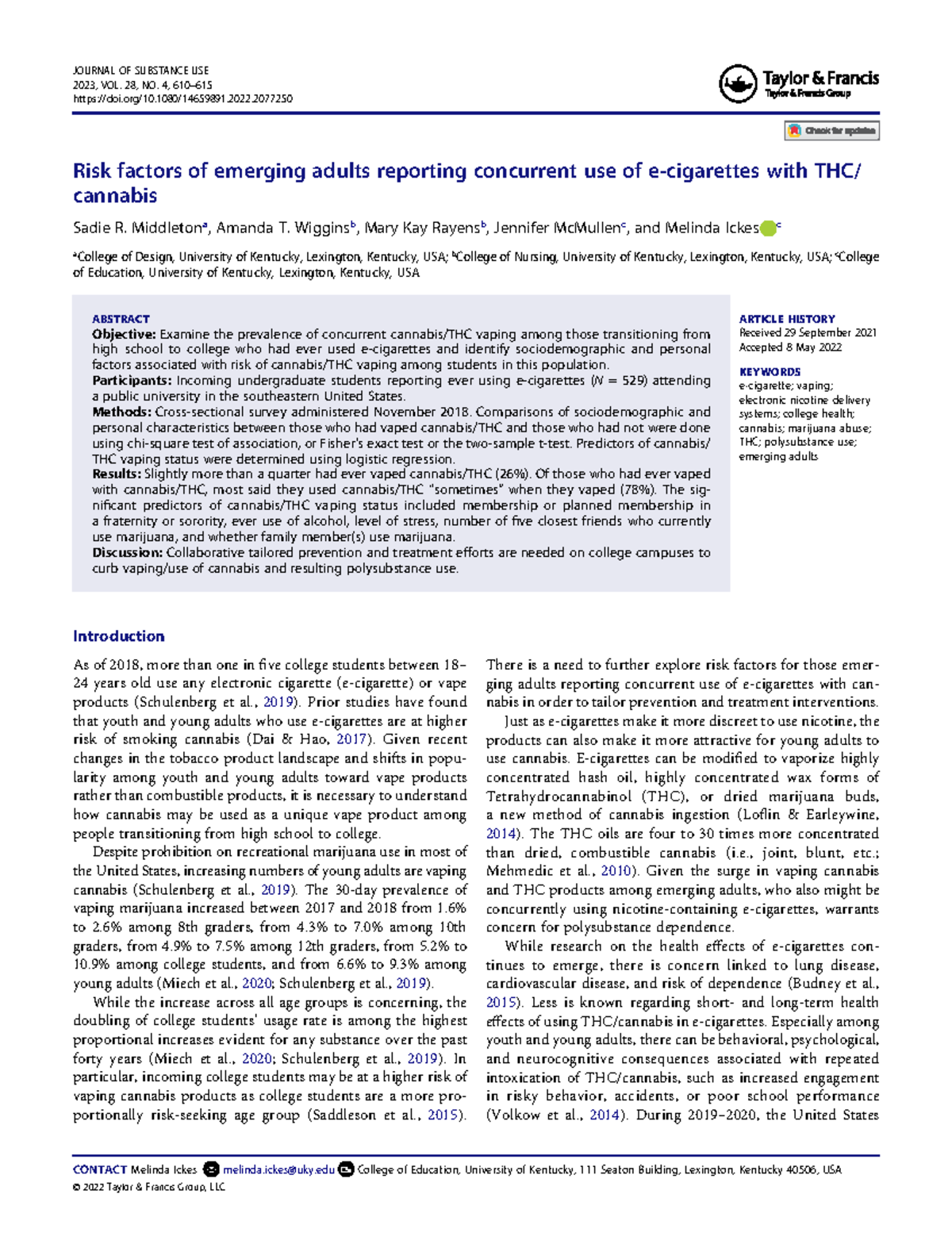 Risk Factors for Vaping THC Among College Students: Insights ...