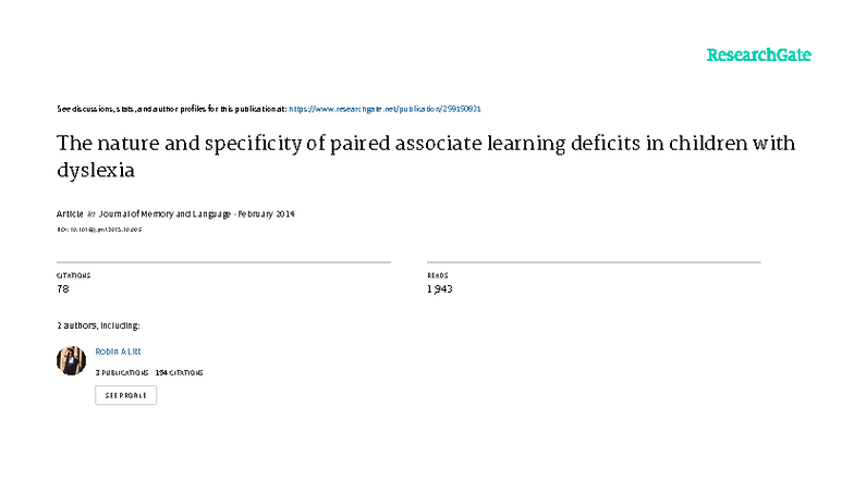 Dyslexia and Paired Associate Learning Deficits: Insights from ...