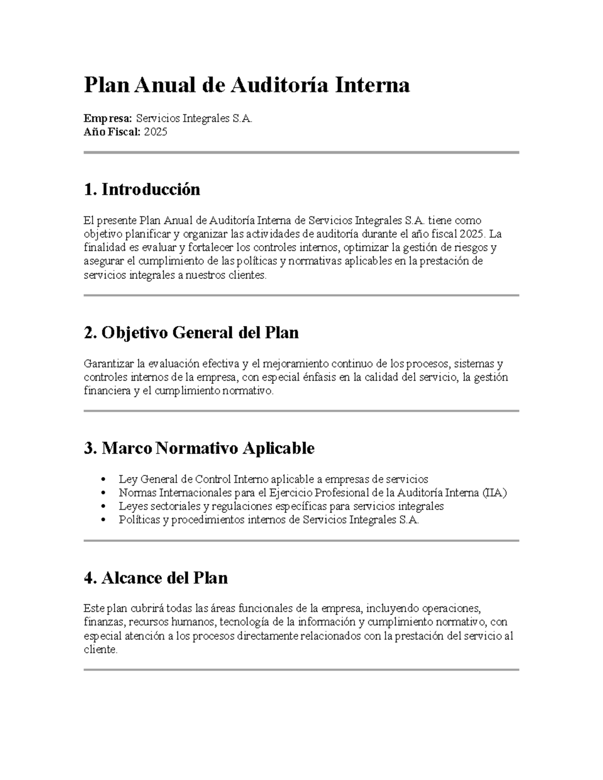 Plan Anual de Auditoría Interna 2025 - Servicios Integrales S.A. - Studocu