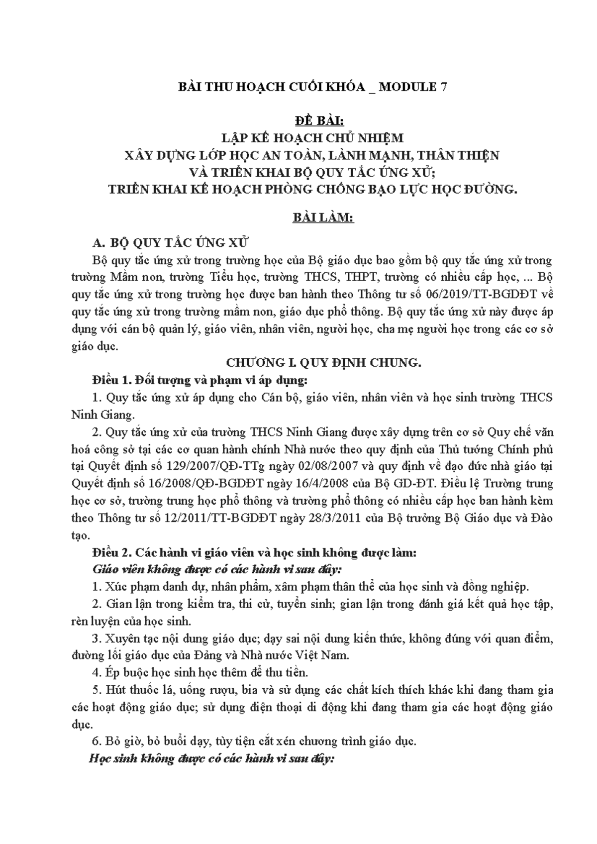 Bài Thu Hoạch Cuối Khóa Module 7: Kế Hoạch Xây Dựng Lớp An Toàn - Studocu