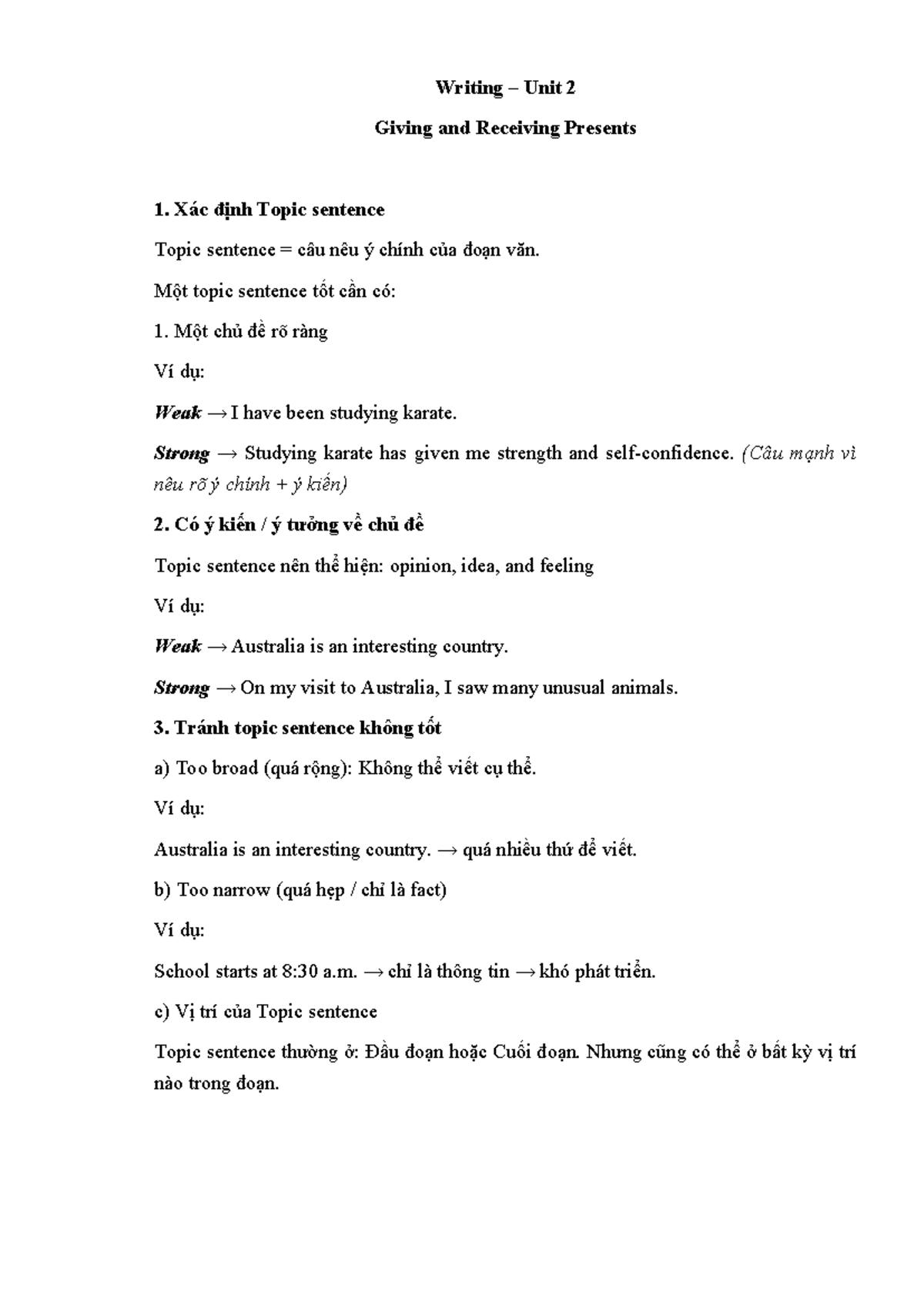 Writing Unit 2: Crafting Effective Topic Sentences - Studocu