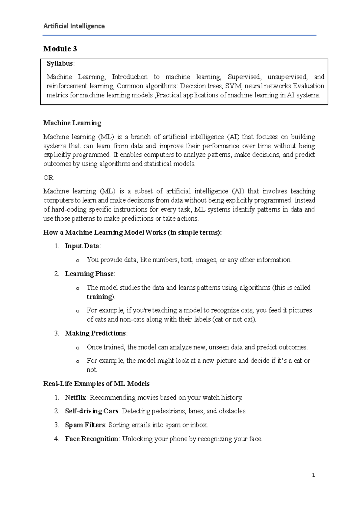 AI Module 3: Syllabus on Machine Learning Techniques and Applications ...