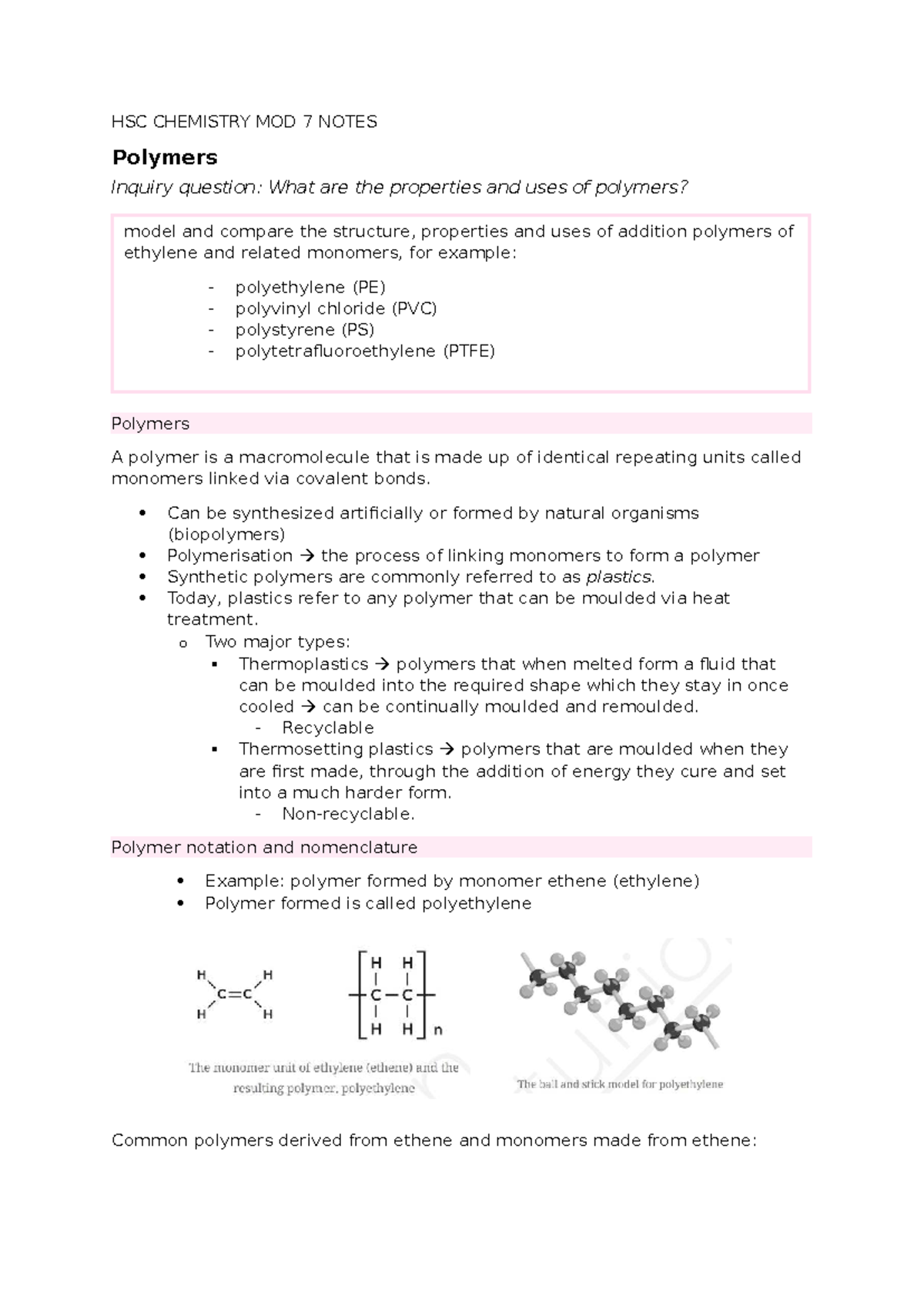 HSC CHEMISTRY MOD 7 NOTES: Properties and Uses of Polymers - Studocu