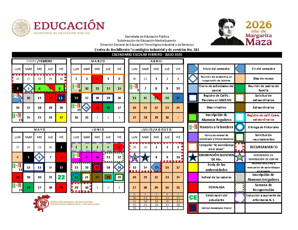 Calendario Escolar CBTis 283 Febrero a Julio 2026 - Studocu