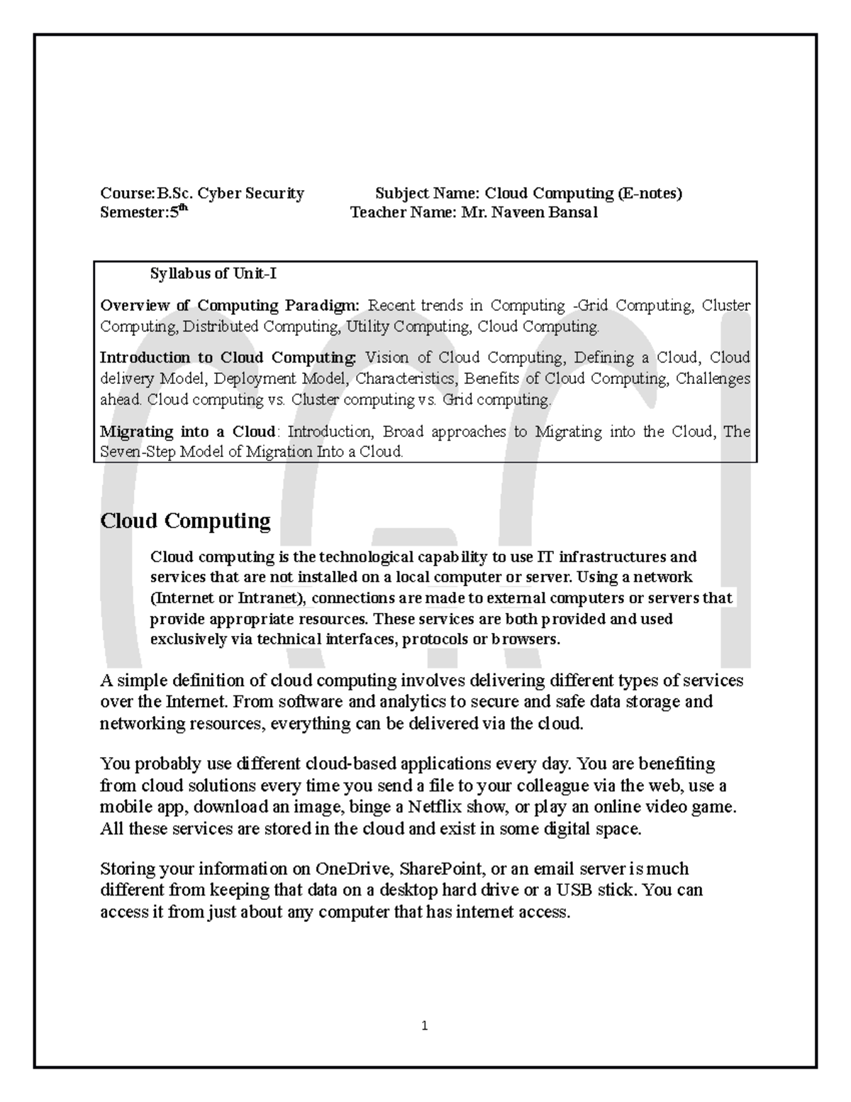 Unit-1 Notes on Cloud Computing (CC) for B.Sc. Cyber Security - Studocu