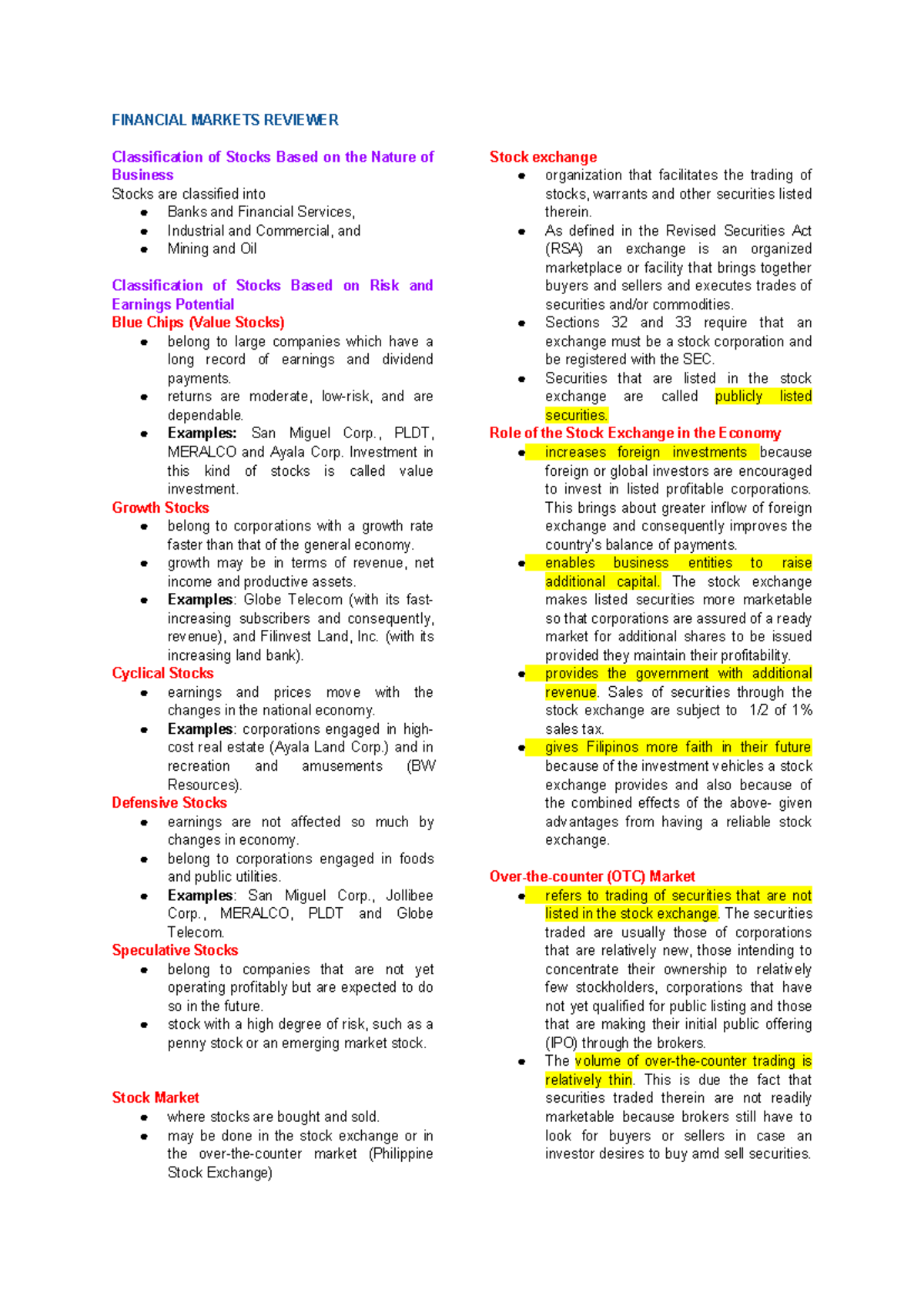 FIN 101: Financial Markets Stock Classification and Analysis Notes ...