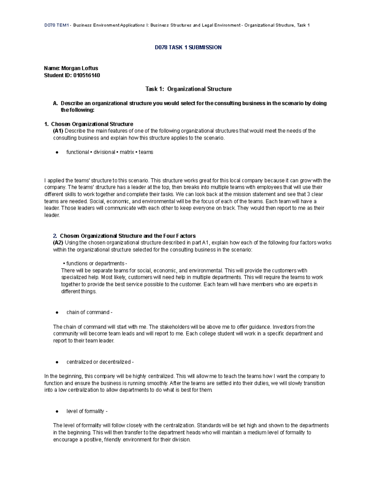 D078 Business Environment Applications I: Task 1 - Org Structure ...