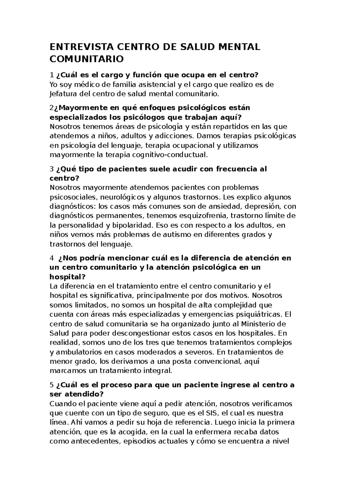 Entrevista sobre Salud Mental en el Centro Comunitario: Perspectivas y Retos - Document Preview