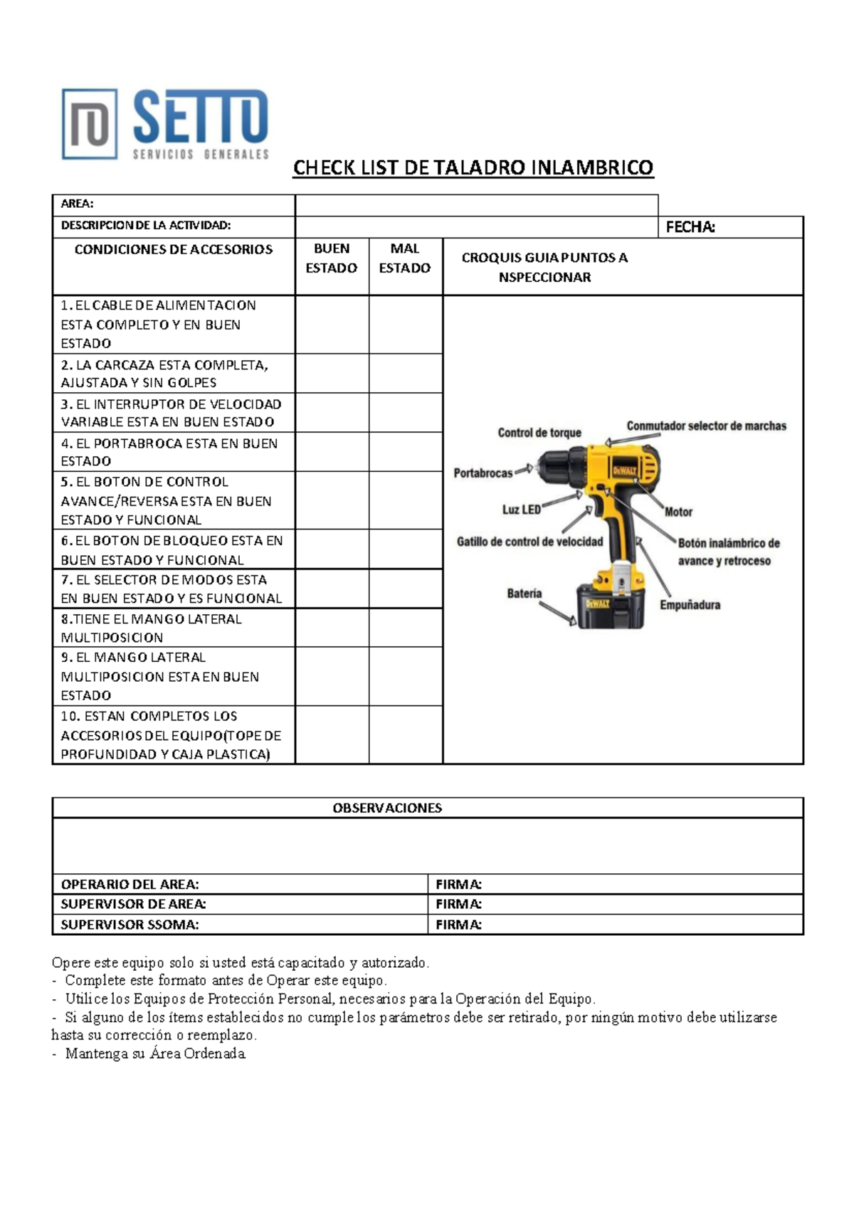 Check List Taladro Inalambrico: Inspección y Seguridad - Document Preview