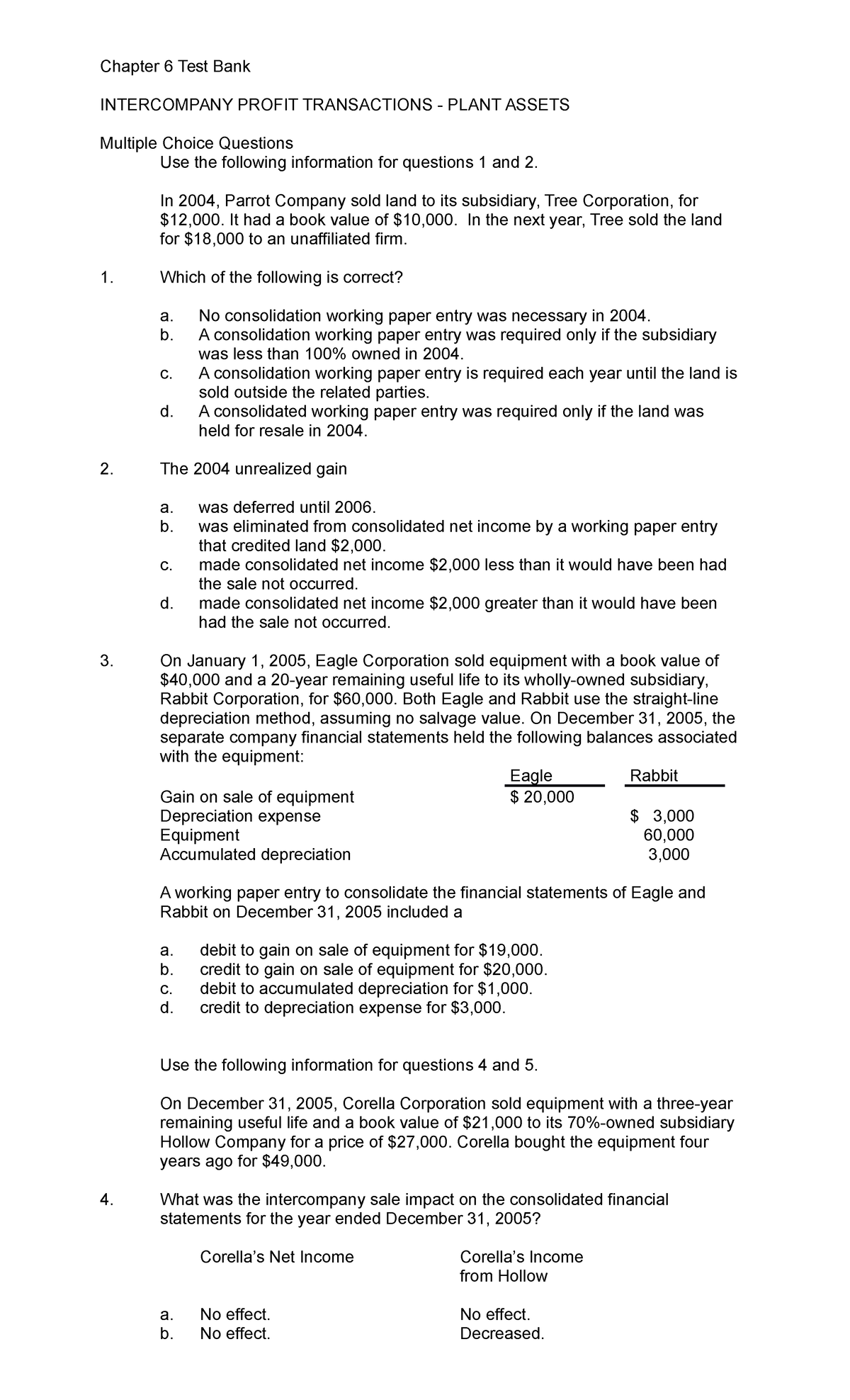 Chapter 6 Test Bank: Intercompany Profit Transactions & Plant Assets ...
