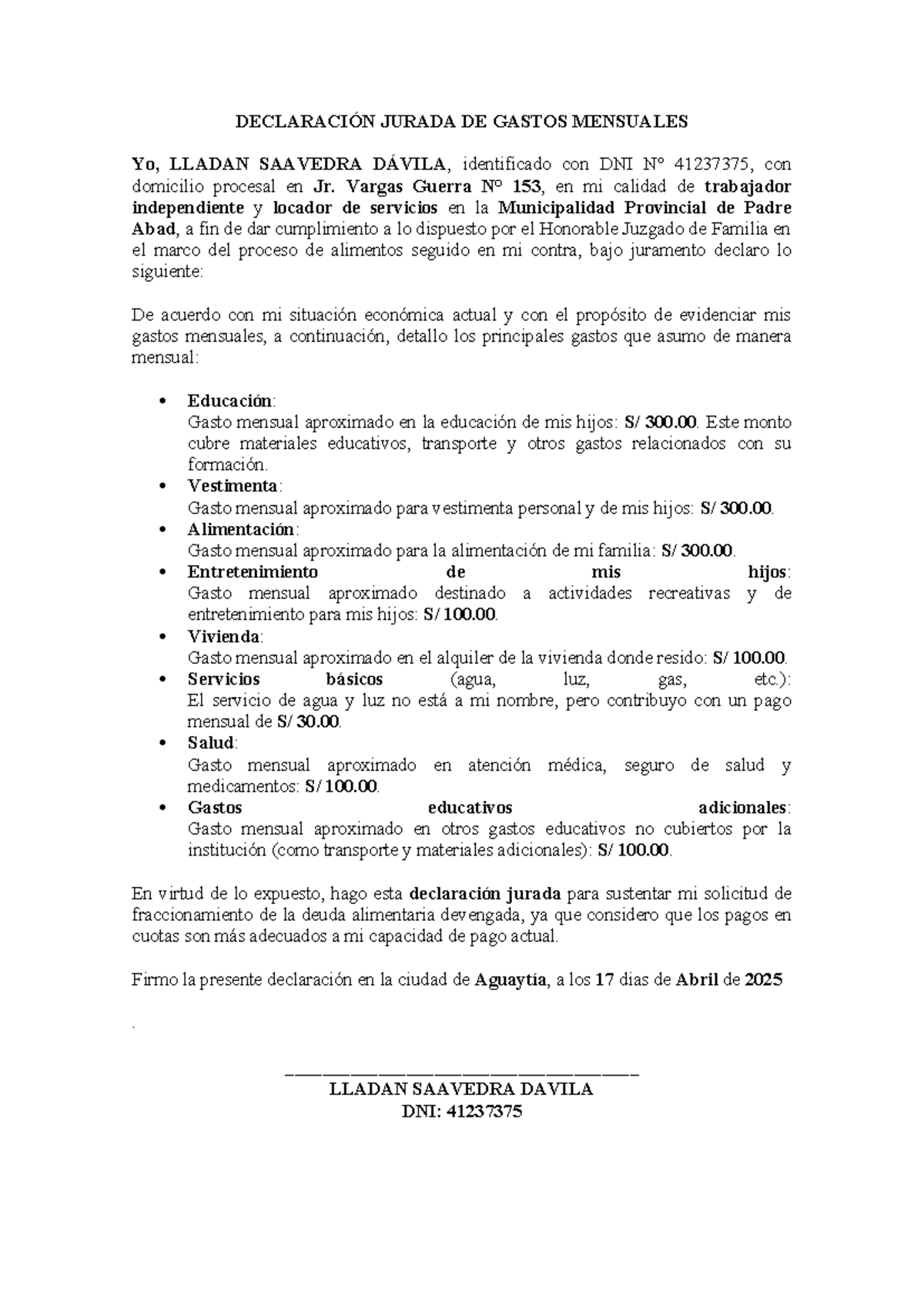 Declaración Jurada de Gastos Mensuales - LLADAN SAAVEDRA DÁVILA - Studocu