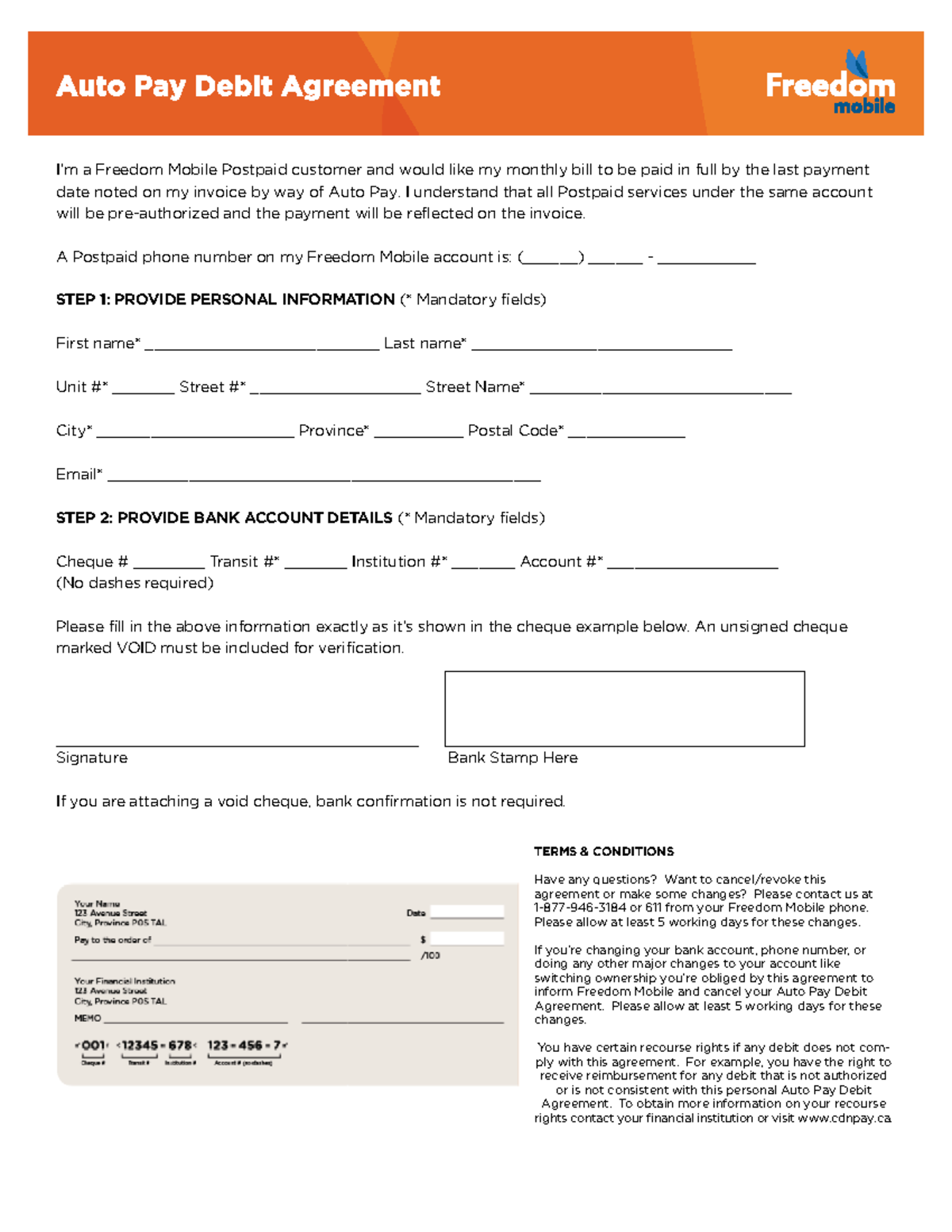 Freedom Mobile Postpaid Auto Pay Debit Agreement Form - Studocu