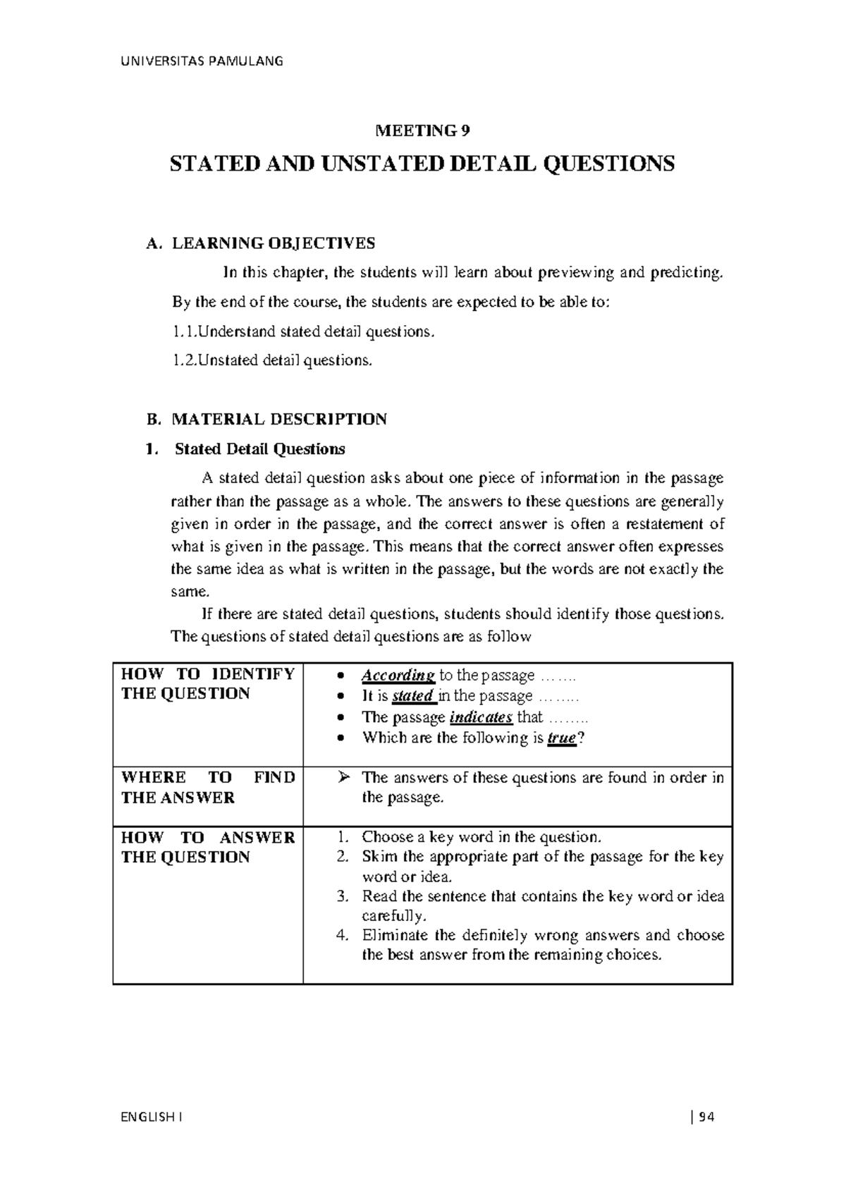 English 1 - Stated & Unstated Detail Comprehension Notes - Studocu