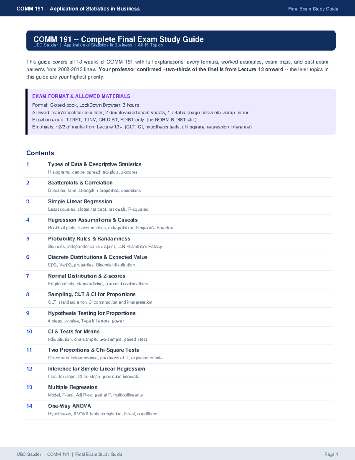 COMM 191 Final Exam Study Guide: Comprehensive Review of Statistics ...