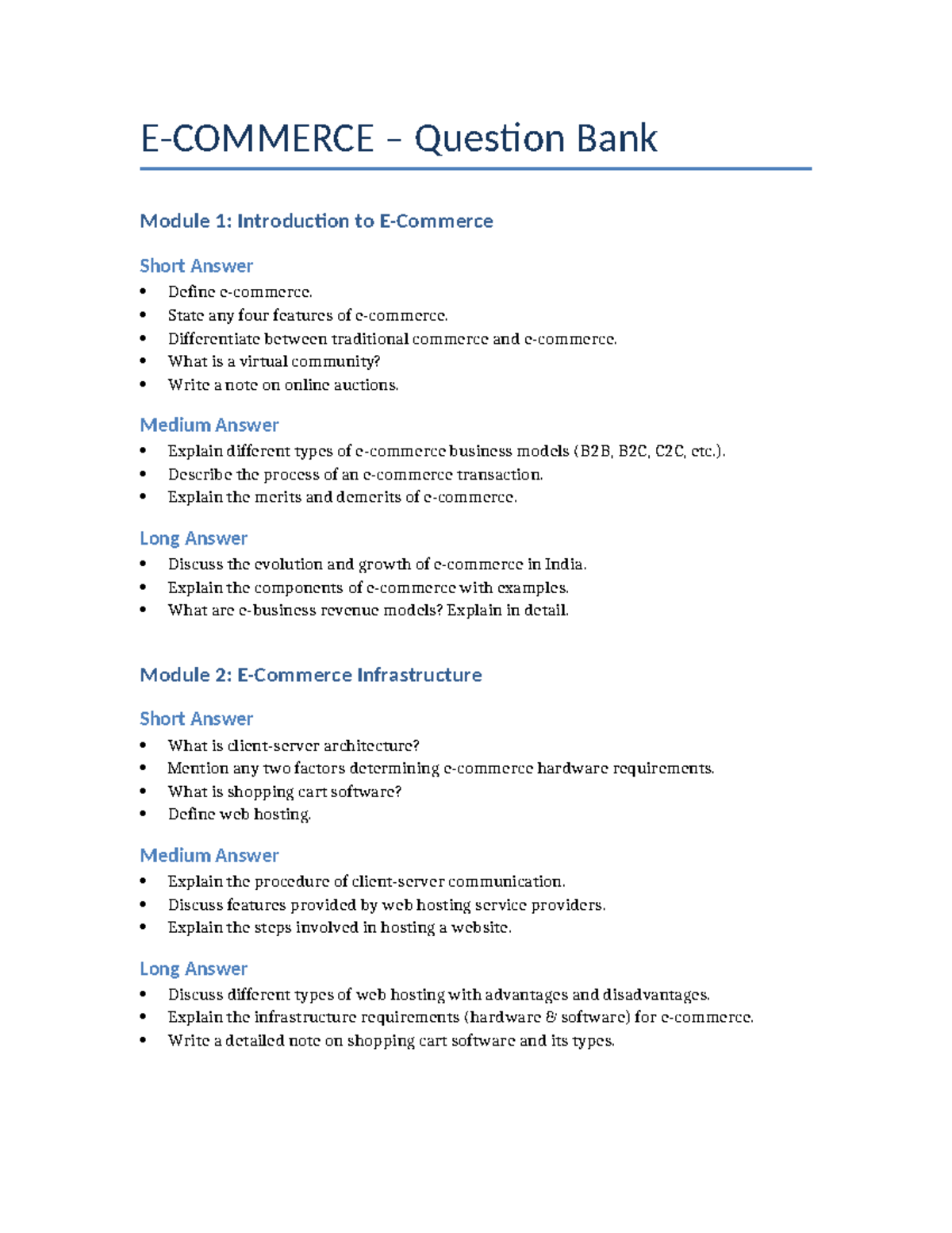 E-Commerce Question Bank: Modules 1-5 Overview and Key Concepts - Studocu