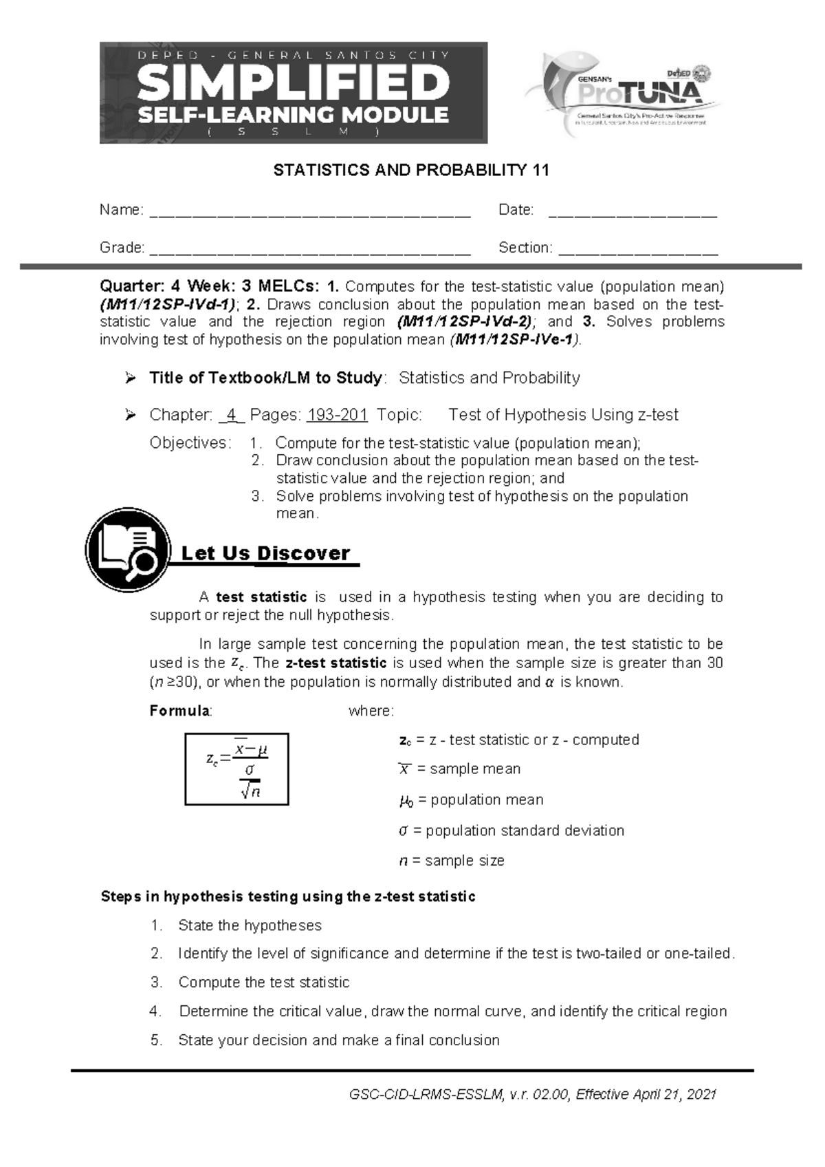 SP 11 Q4 SSLM 3 - Hypothesis Testing with z-test in Statistics - Studocu