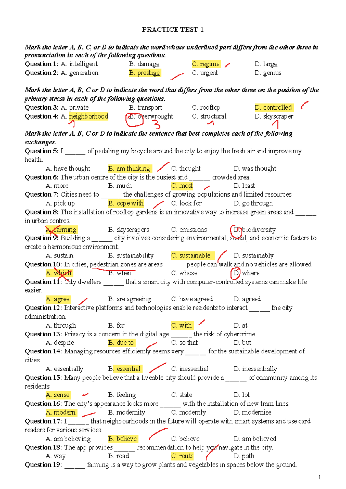 PRACTICE TEST 1: Pronunciation, Stress, and Sentence Completion - Studocu