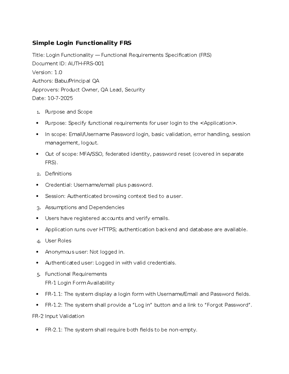 Login Functionality FRS: User Authentication Requirements Document ...