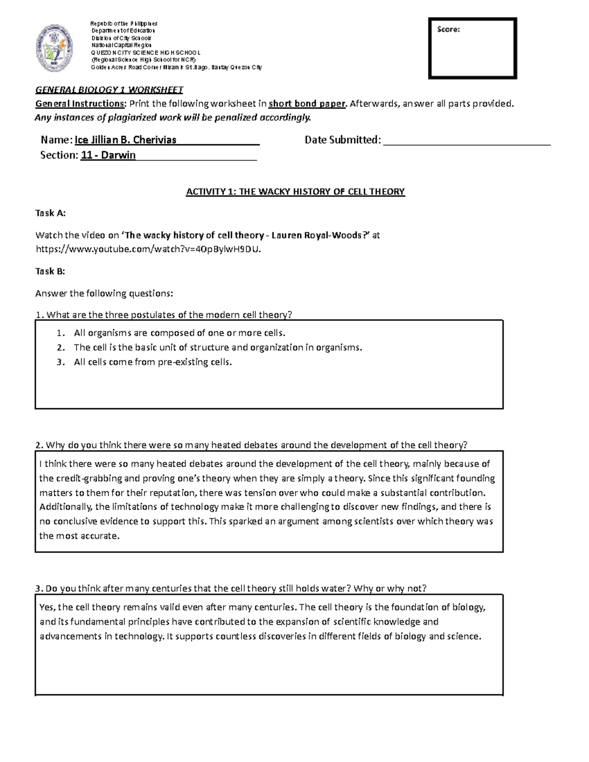 BIO 101: General Biology 1 - Activity 1 Worksheet on Cell Theory - Studocu