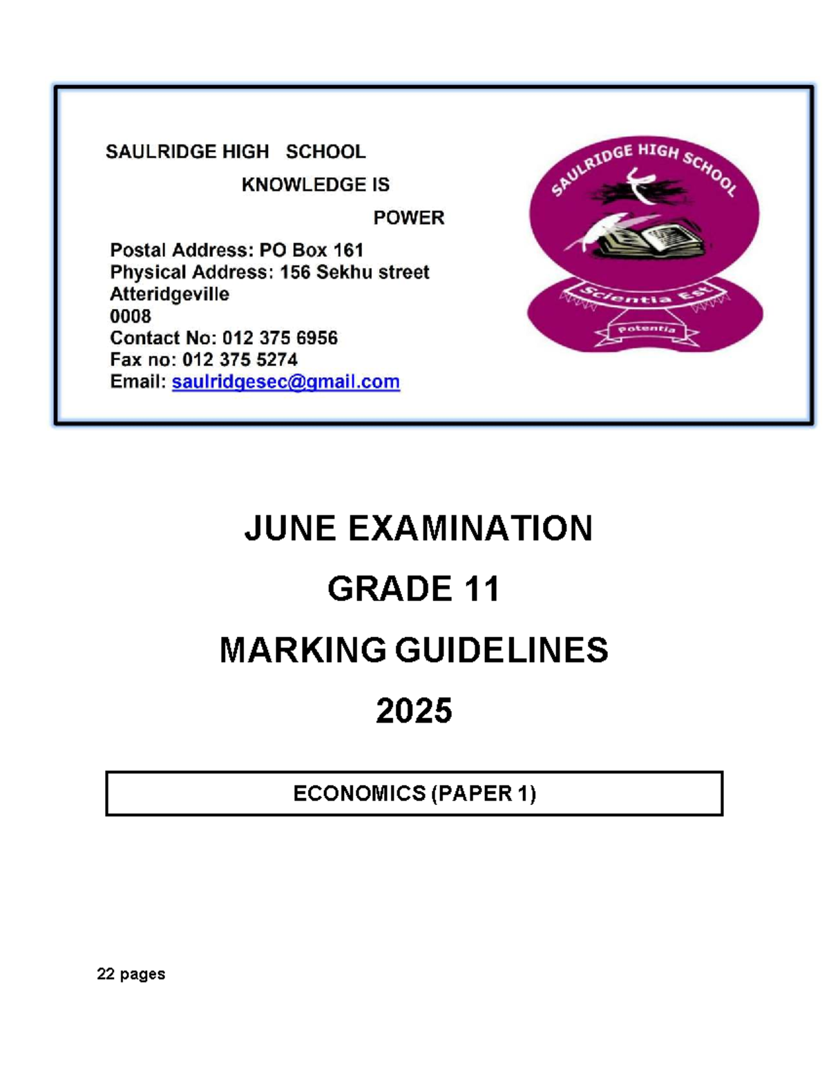 Grade 11 Economics (P1) June 2025 Exam Marking Guidelines - Studocu