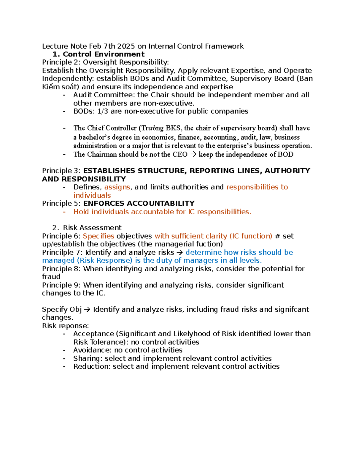 Lecture Note Feb 7th 2025: Internal Control Framework Insights - Studocu