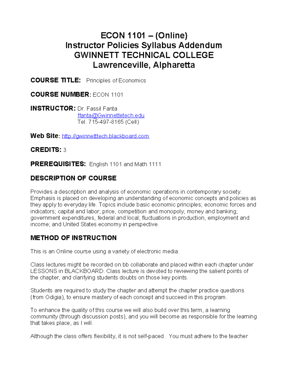 ECON 1101 - Online Course Syllabus Addendum & Instructor Policies - Studocu