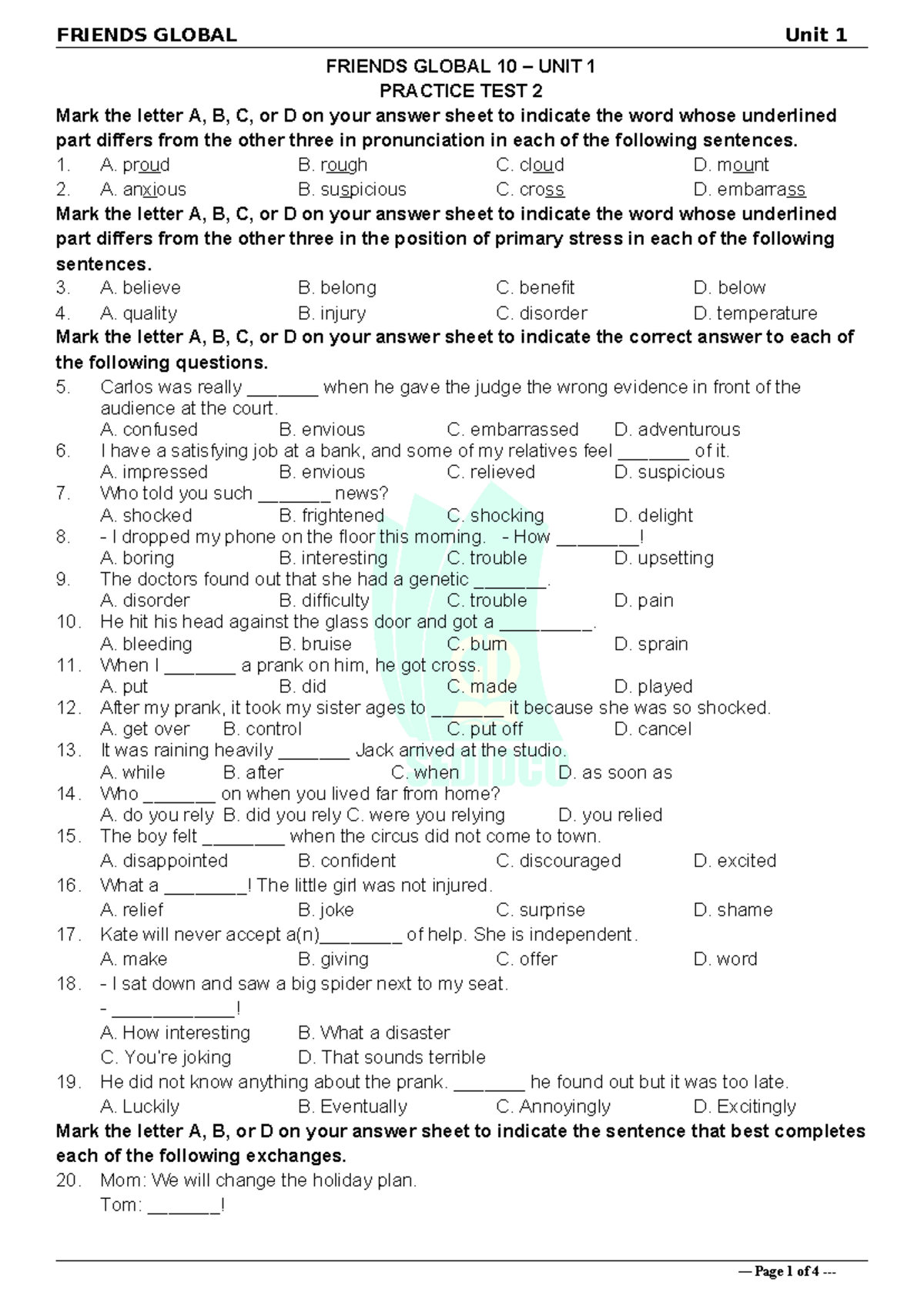 Tieng Anh 10 Friends Global - Unit 1 - Test 2 - FRIENDS GLOBAL 10 ...