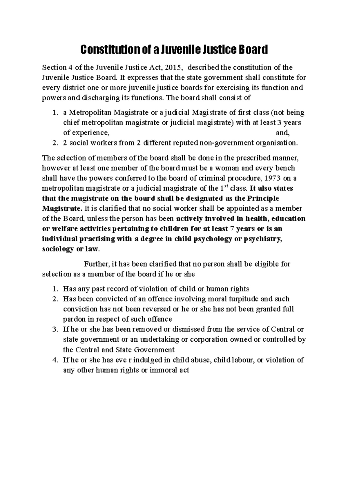 Juvenile Justice Act 2015: Constitution of the Justice Board - Studocu