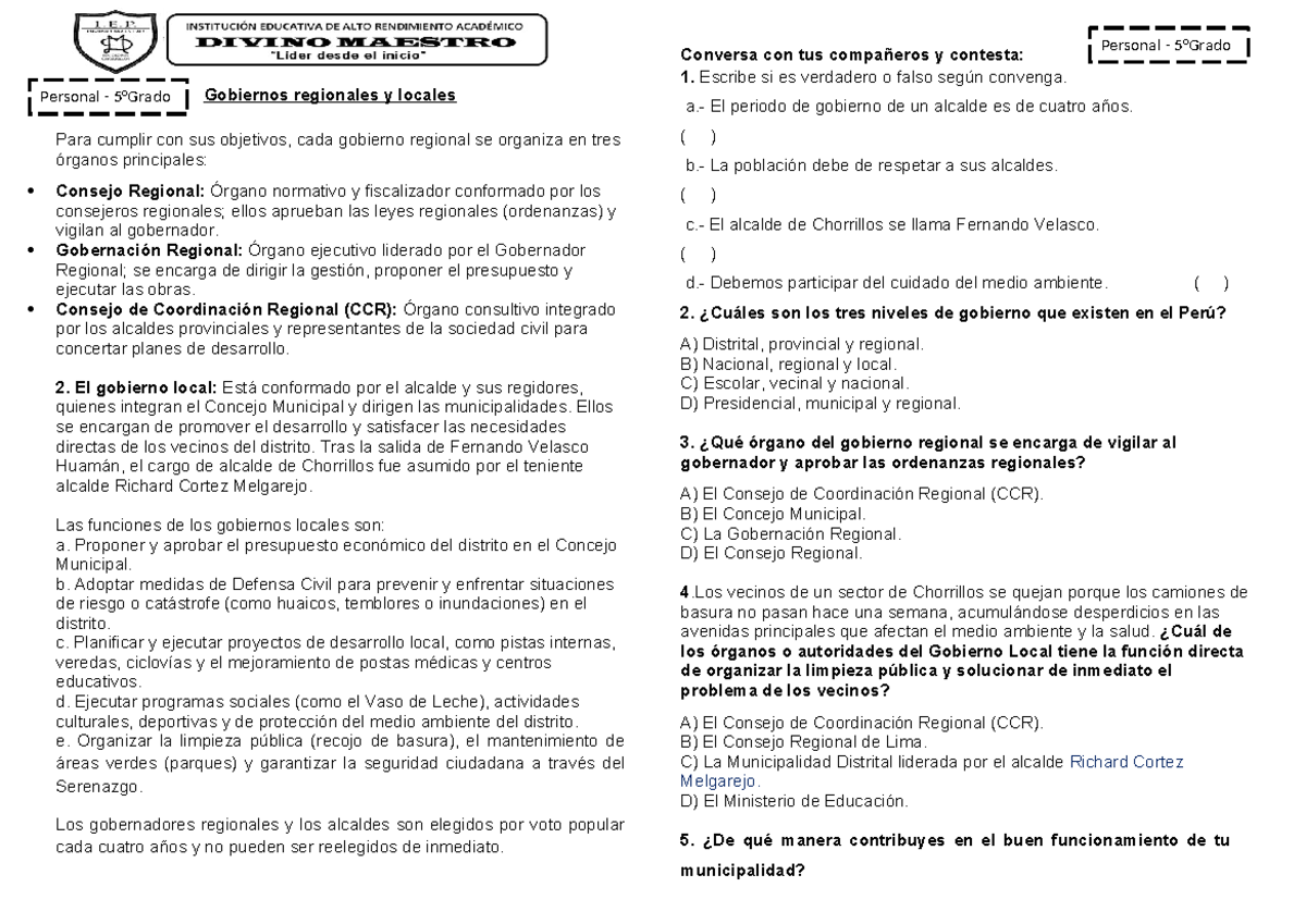 Gobiernos Regionales y Locales - Ficha de Estudio - Studocu