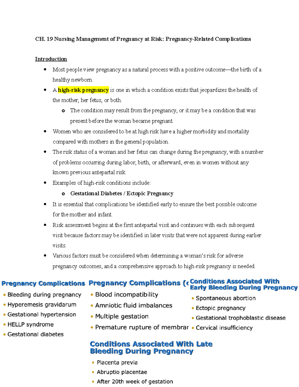 CH. 19 Nursing Management of High-Risk Pregnancy & Complications - Studocu