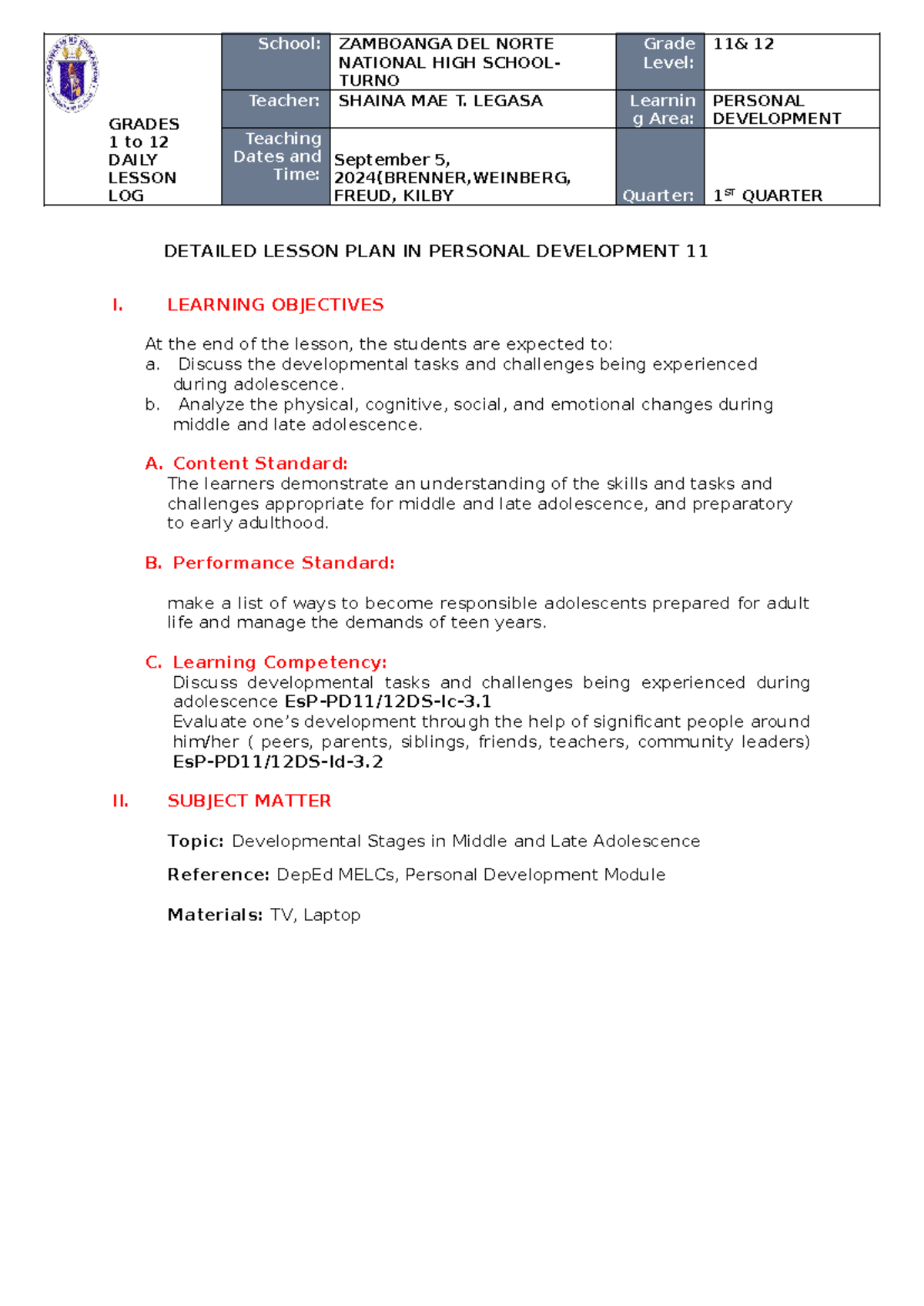 Personal Development Lesson Plan - Grade 11 & 12 (PerDev Mod3 Week 3 ...
