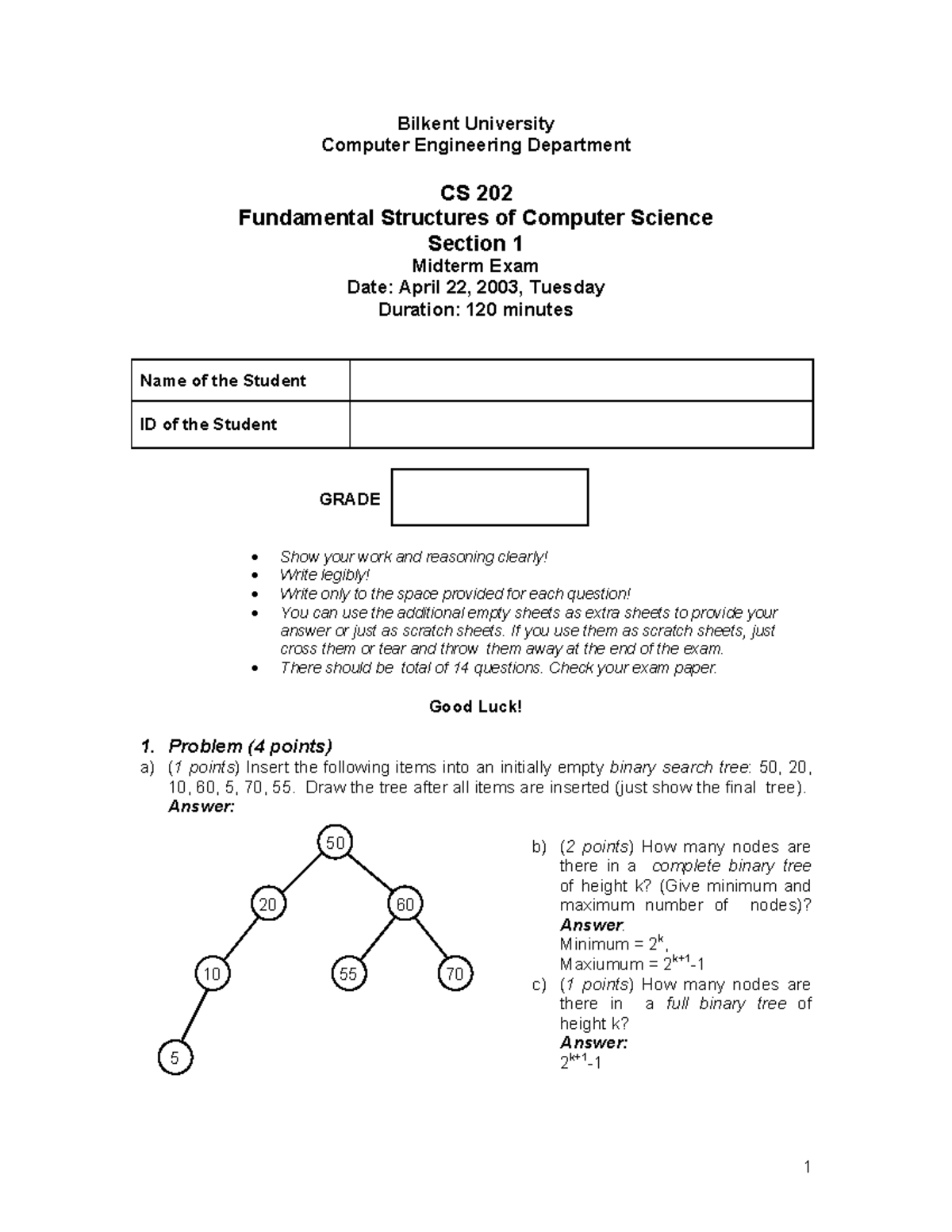 CS 202 Midterm Exam Solutions - Bilkent University 2003 - Studocu