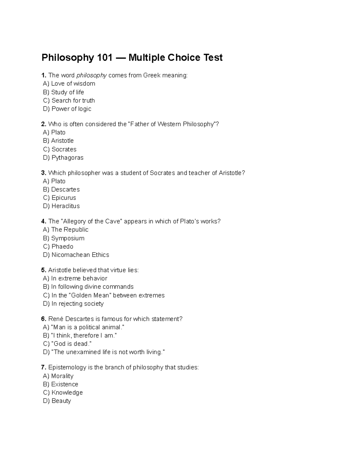 Philosophy 101 - Multiple Choice Test 1 Review - Studocu