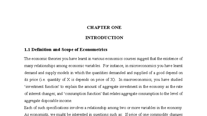 CHAPTER 1 - INTRODUCTION TO ECONOMETRICS: DEFINITION & SCOPE - Studocu